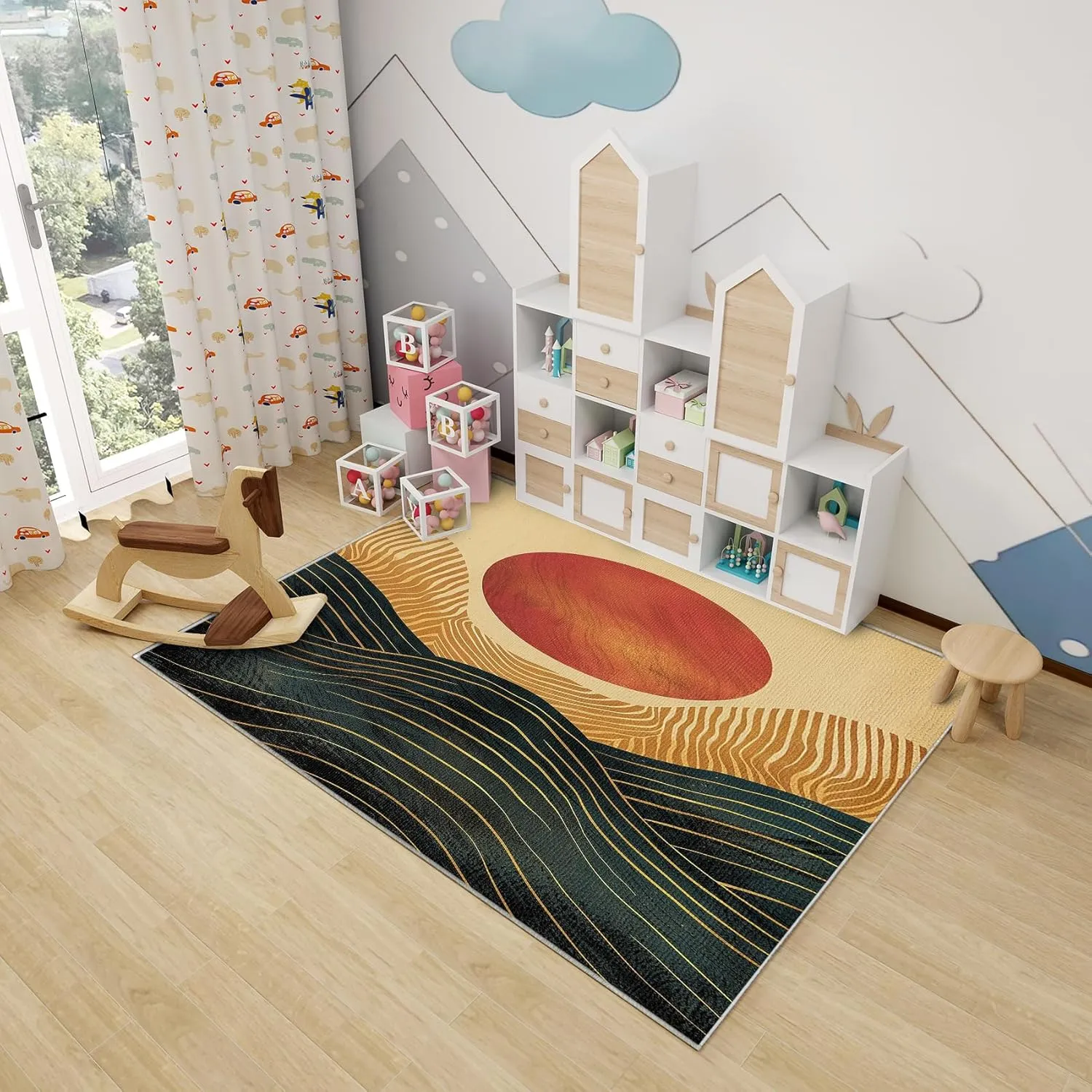Boho Sun Nursery Rug - 3x5 Rug - Boho Sun Rug - Bohemian Sunset Mountain Area Rug - Mid Century Modern Rugs - Soft Washable Non Slip Low Pile Abstract Minimalist Carpet