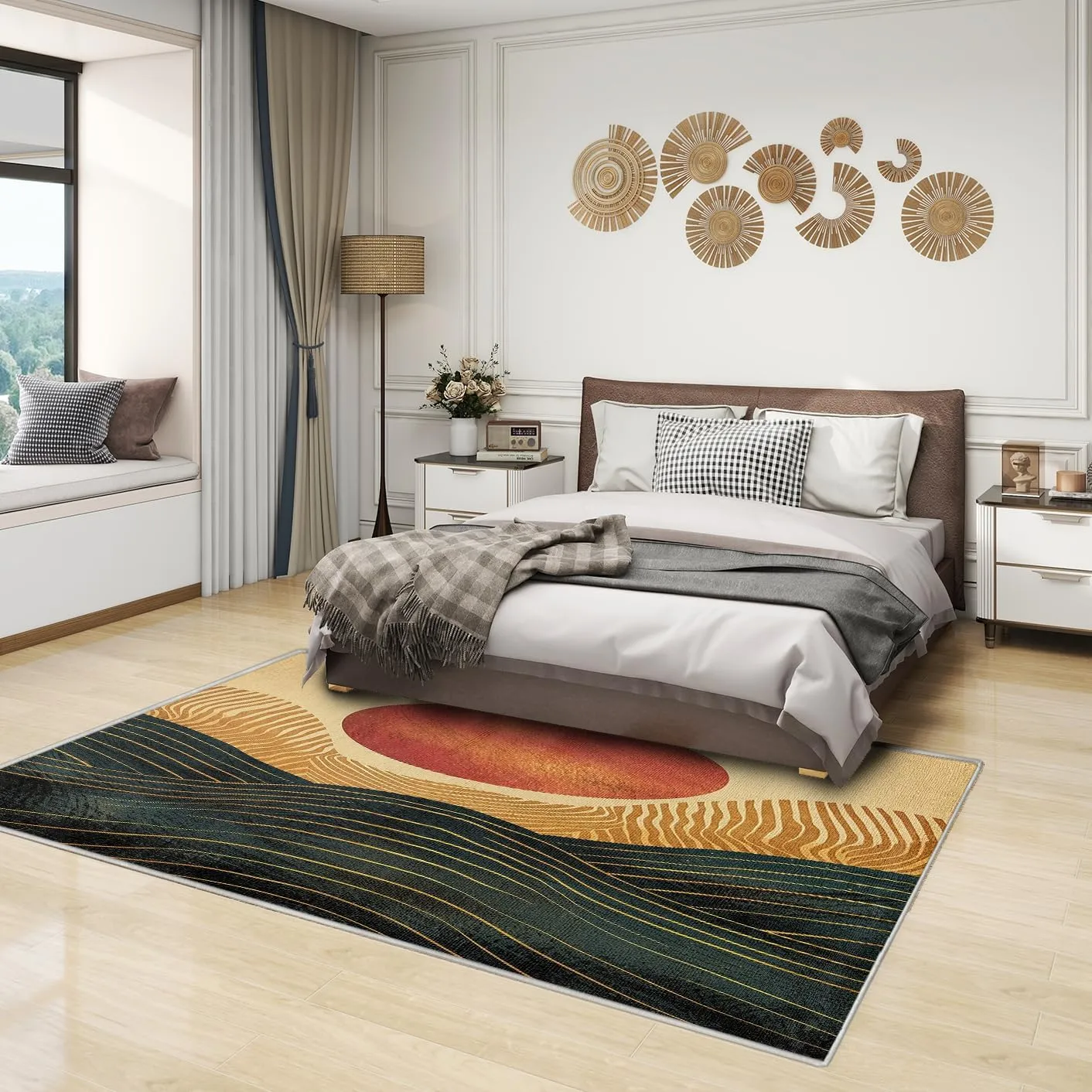 Boho Sun Nursery Rug - 3x5 Rug - Boho Sun Rug - Bohemian Sunset Mountain Area Rug - Mid Century Modern Rugs - Soft Washable Non Slip Low Pile Abstract Minimalist Carpet