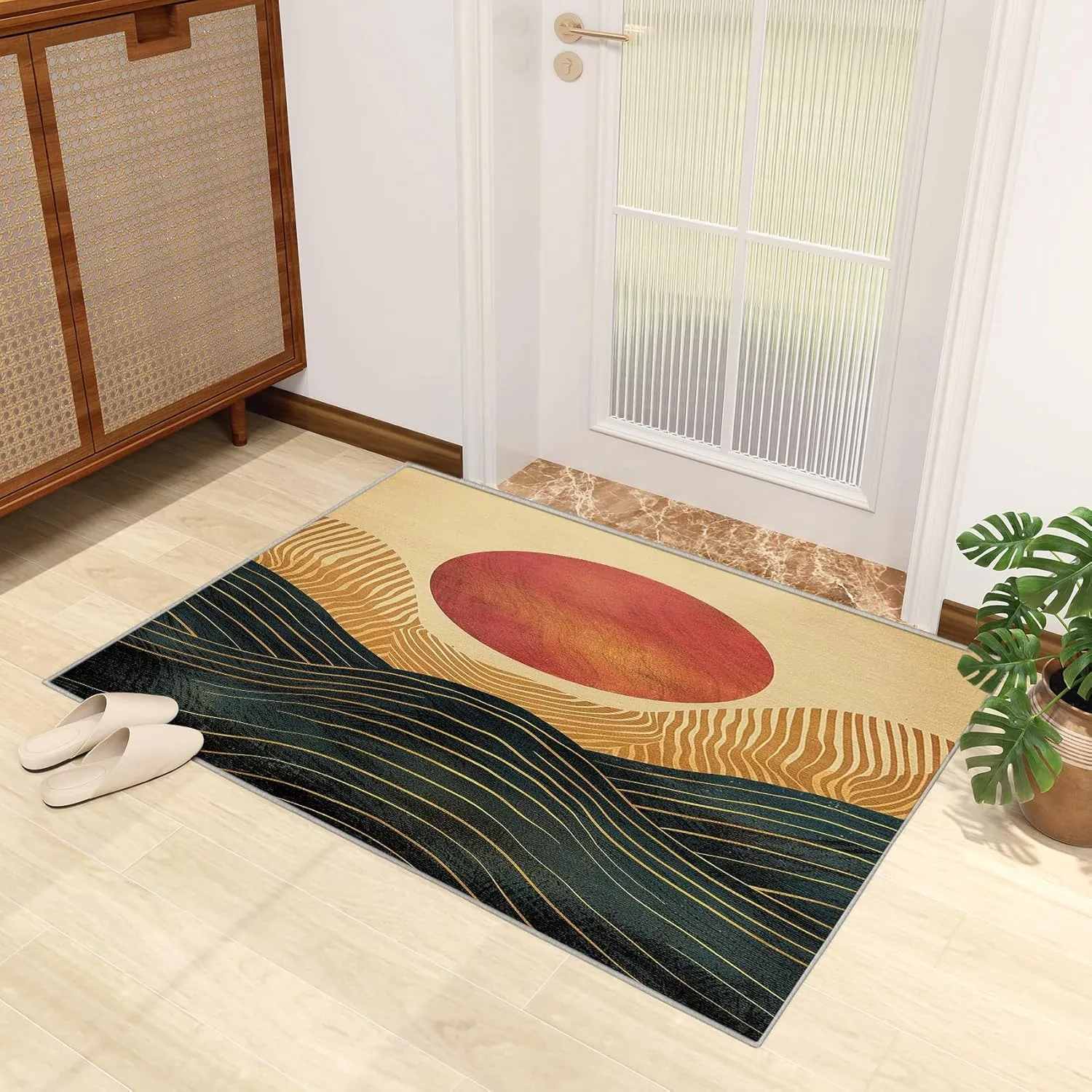 Boho Sun Nursery Rug - 3x5 Rug - Boho Sun Rug - Bohemian Sunset Mountain Area Rug - Mid Century Modern Rugs - Soft Washable Non Slip Low Pile Abstract Minimalist Carpet
