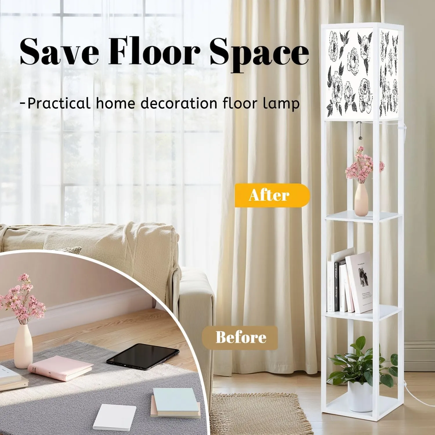 Botanical hand draw set peony flower elements flat monochrome style Floor Lamps with Shelves, Modern Standing Lamp Narrow Corner Display Bookshelf Lamp for Living Room, Bedroom, Office Decor