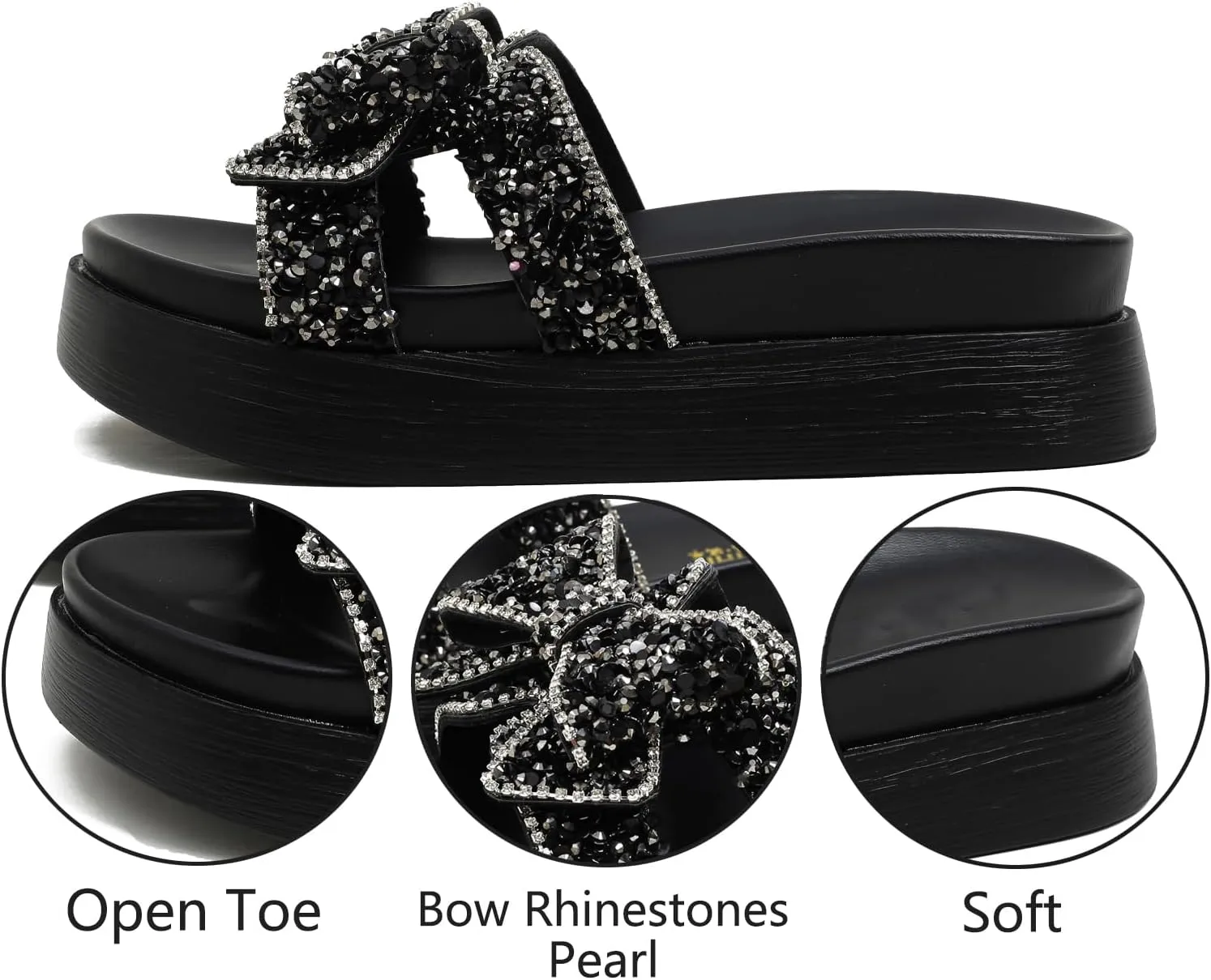 Bow Rhinestones Platform Slides Sandals for Women Sparkle Pearl Slip-on Open Toe Comfort Soft Sole Home Outdoor Beach Slipper