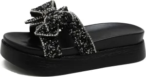 Bow Rhinestones Platform Slides Sandals for Women Sparkle Pearl Slip-on Open Toe Comfort Soft Sole Home Outdoor Beach Slipper