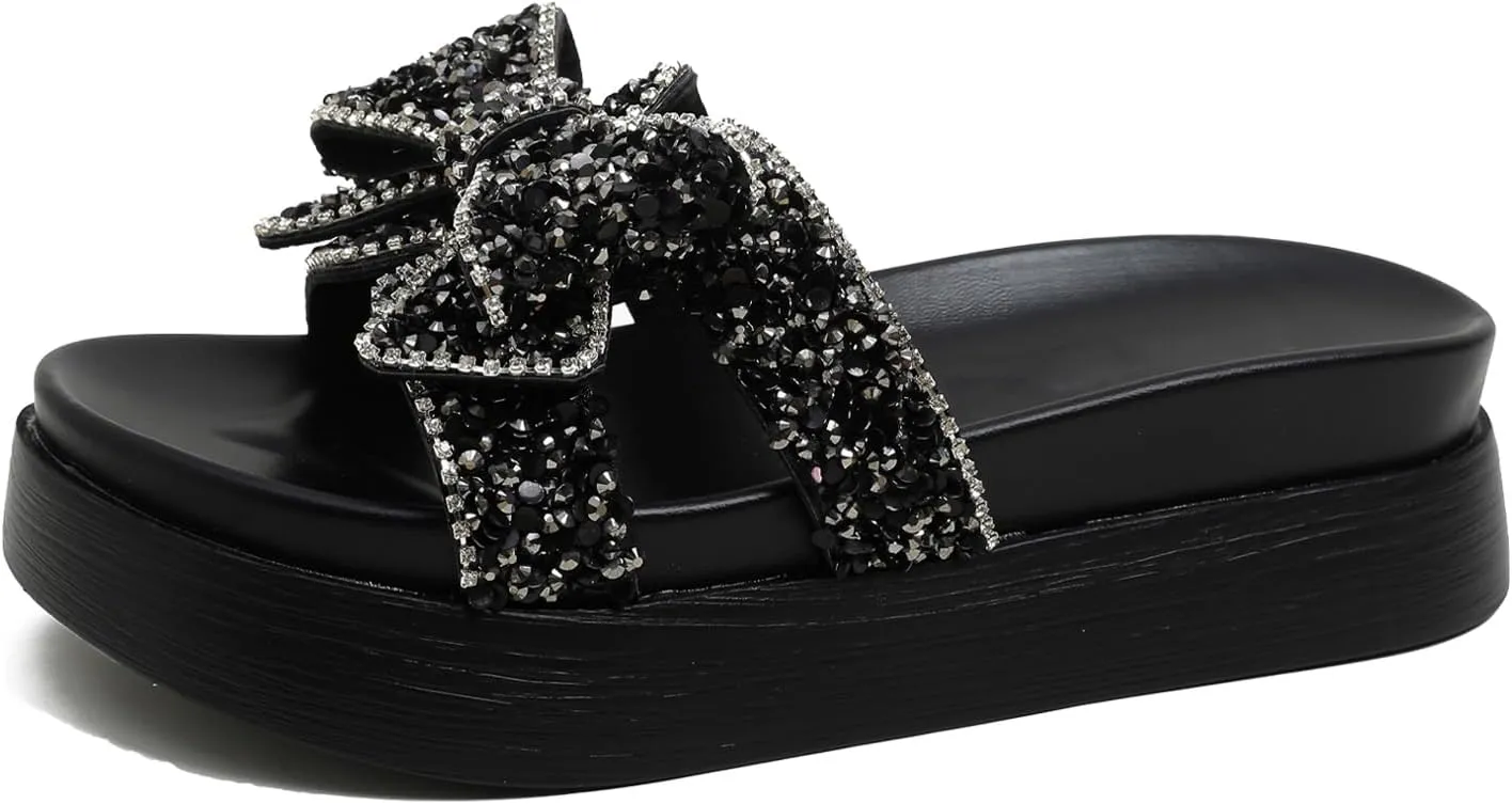 Bow Rhinestones Platform Slides Sandals for Women Sparkle Pearl Slip-on Open Toe Comfort Soft Sole Home Outdoor Beach Slipper
