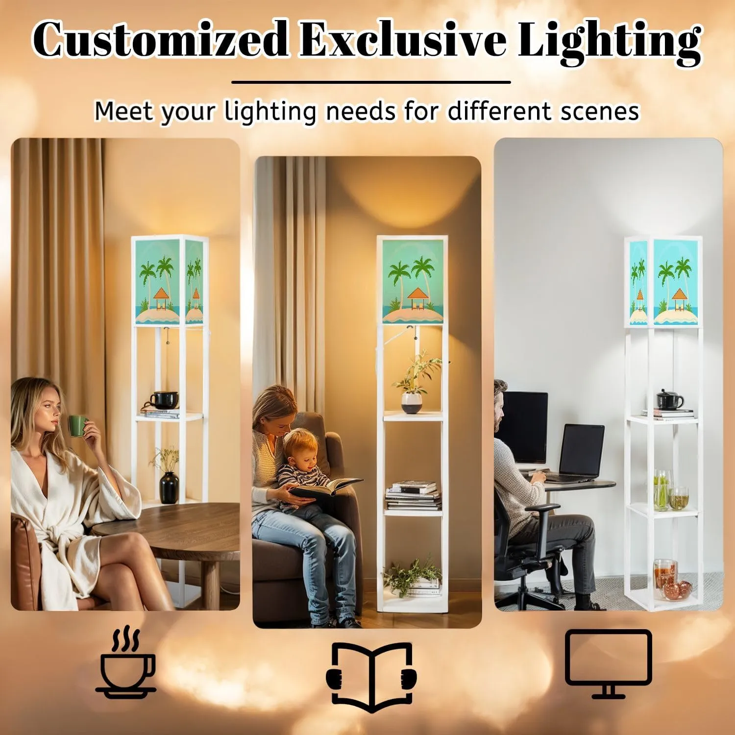 Bungalows Under Palm Trees Island Tropical sea Flat Style Floor Lamps with Shelves, Modern Standing Lamp Narrow Corner Display Bookshelf Lamp for Living Room, Bedroom, Office Decor