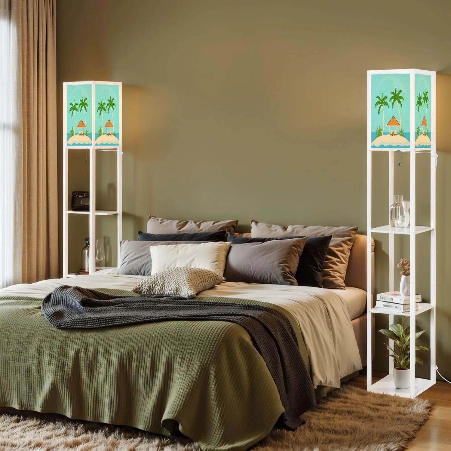 Bungalows Under Palm Trees Island Tropical sea Flat Style Floor Lamps with Shelves, Modern Standing Lamp Narrow Corner Display Bookshelf Lamp for Living Room, Bedroom, Office Decor