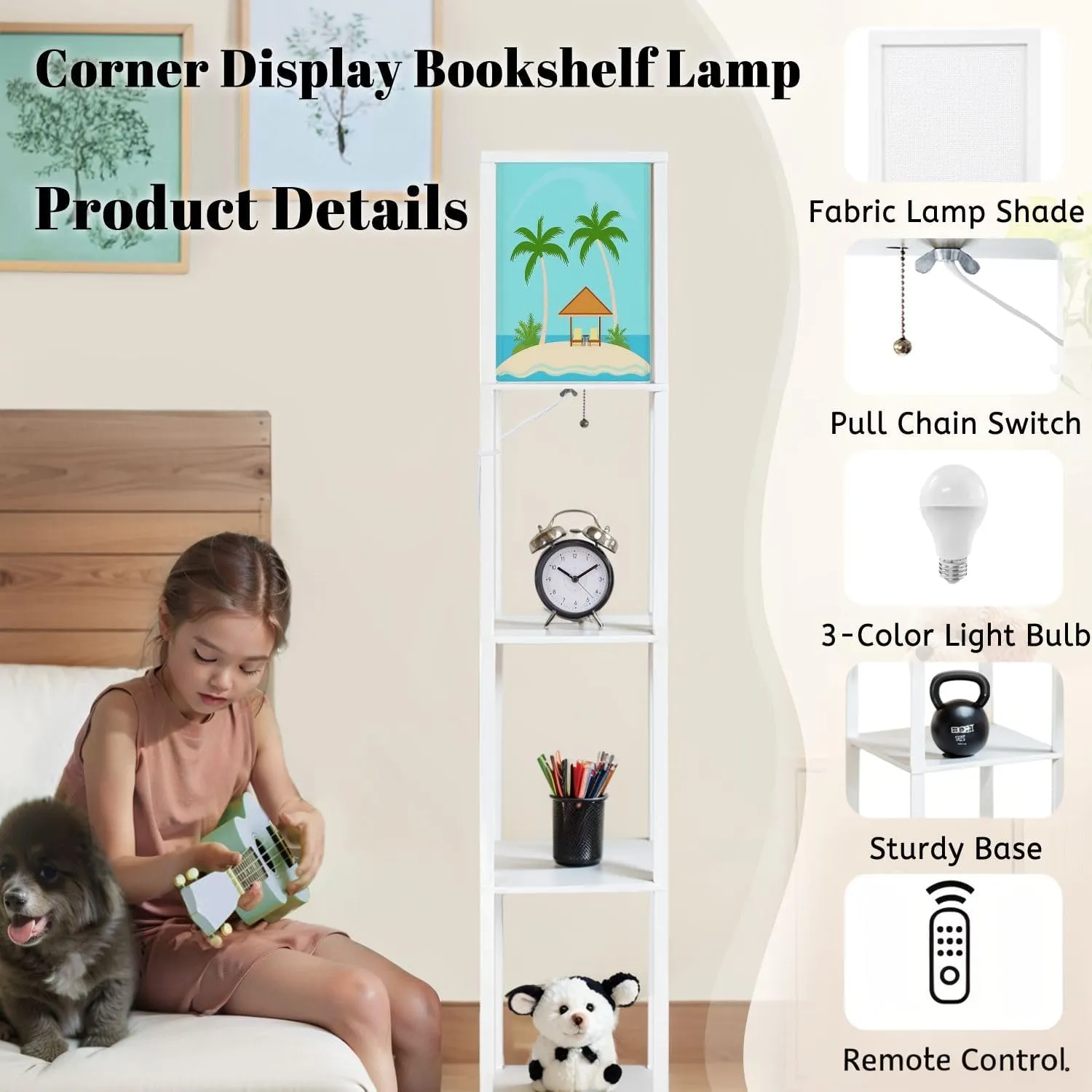 Bungalows Under Palm Trees Island Tropical sea Flat Style Floor Lamps with Shelves, Modern Standing Lamp Narrow Corner Display Bookshelf Lamp for Living Room, Bedroom, Office Decor