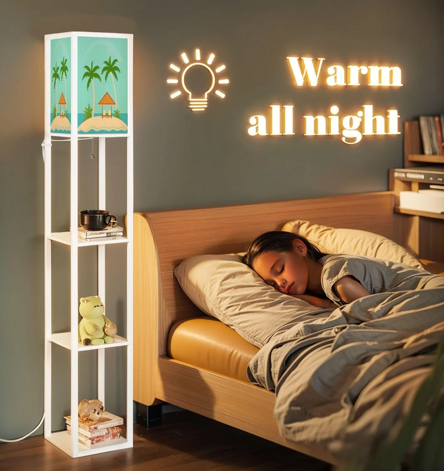 Bungalows Under Palm Trees Island Tropical sea Flat Style Floor Lamps with Shelves, Modern Standing Lamp Narrow Corner Display Bookshelf Lamp for Living Room, Bedroom, Office Decor