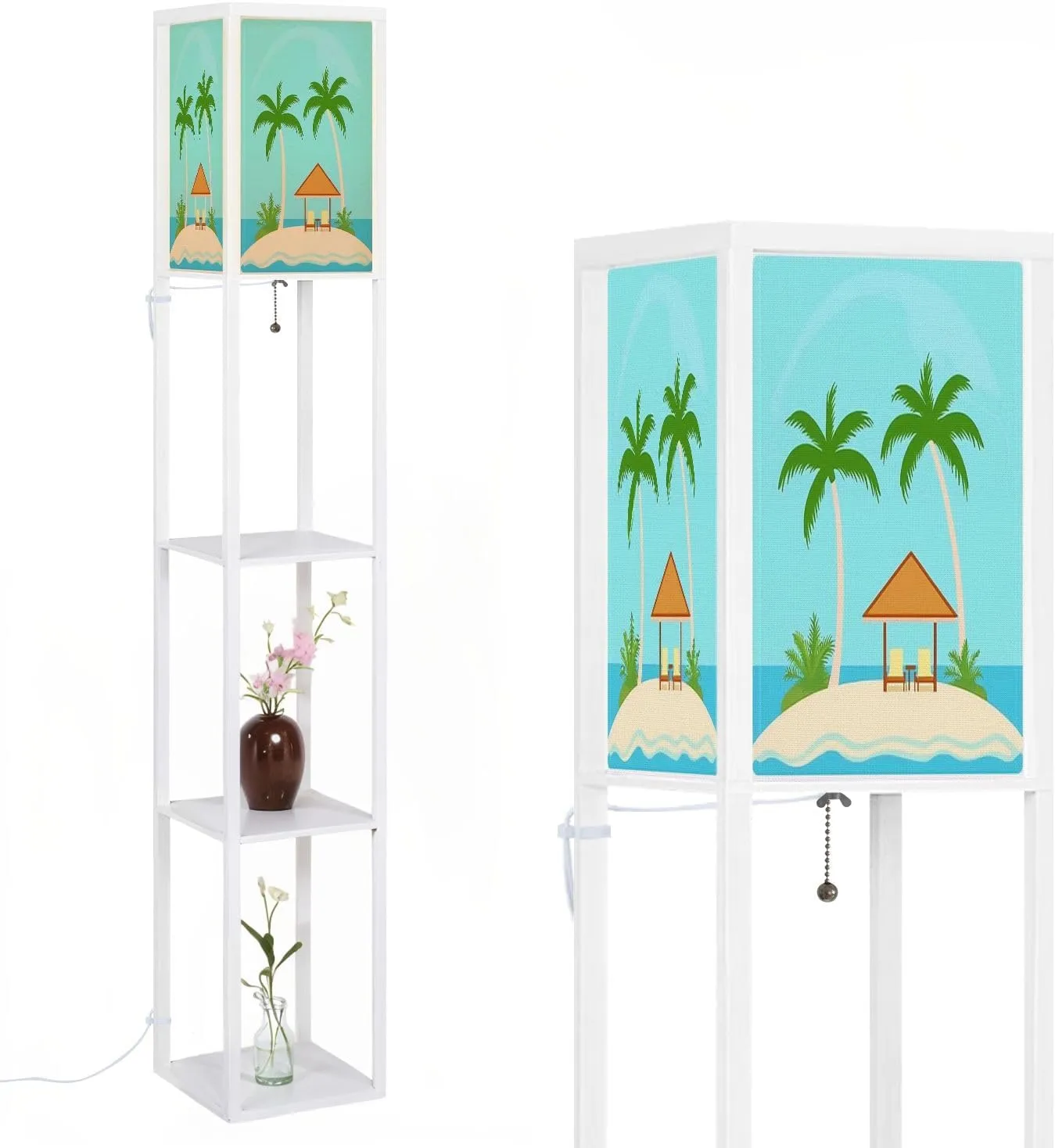 Bungalows Under Palm Trees Island Tropical sea Flat Style Floor Lamps with Shelves, Modern Standing Lamp Narrow Corner Display Bookshelf Lamp for Living Room, Bedroom, Office Decor