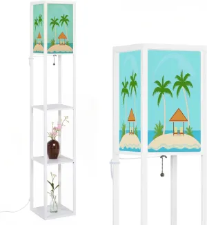 Bungalows Under Palm Trees Island Tropical sea Flat Style Floor Lamps with Shelves, Modern Standing Lamp Narrow Corner Display Bookshelf Lamp for Living Room, Bedroom, Office Decor
