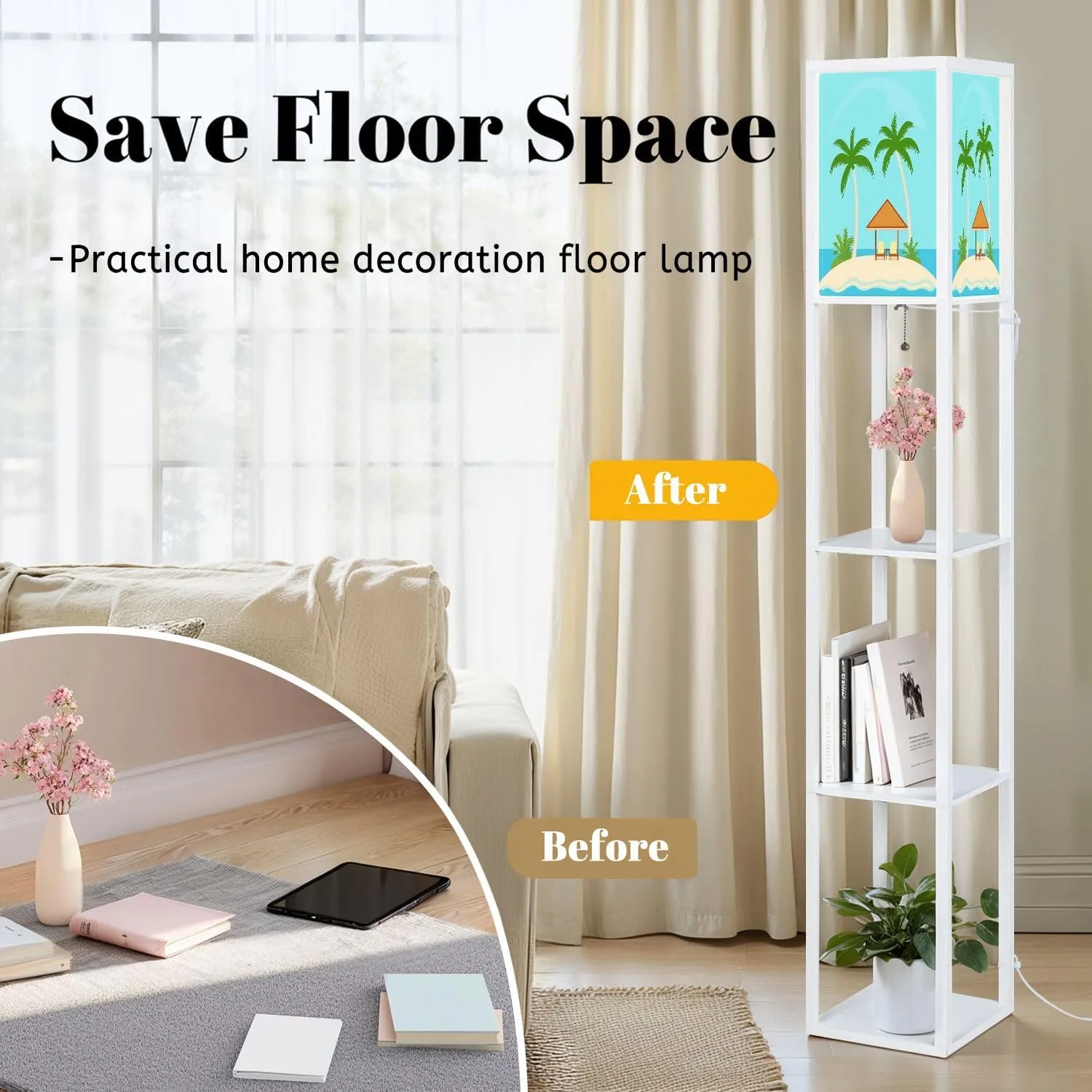 Bungalows Under Palm Trees Island Tropical sea Flat Style Floor Lamps with Shelves, Modern Standing Lamp Narrow Corner Display Bookshelf Lamp for Living Room, Bedroom, Office Decor