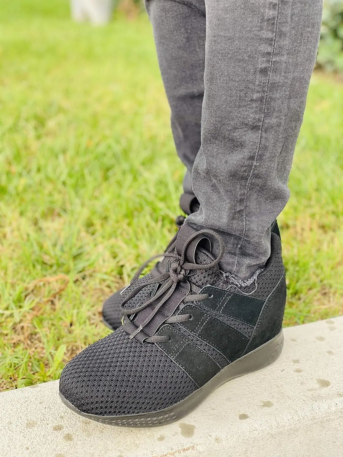 CALTO Men's Invisible Height Increasing Elevator Shoes - Black Mesh Super Lightweight Lace-up Sporty Trainer Sneakers - 3 Inches Taller - H1901 - Size 9 D(M) US