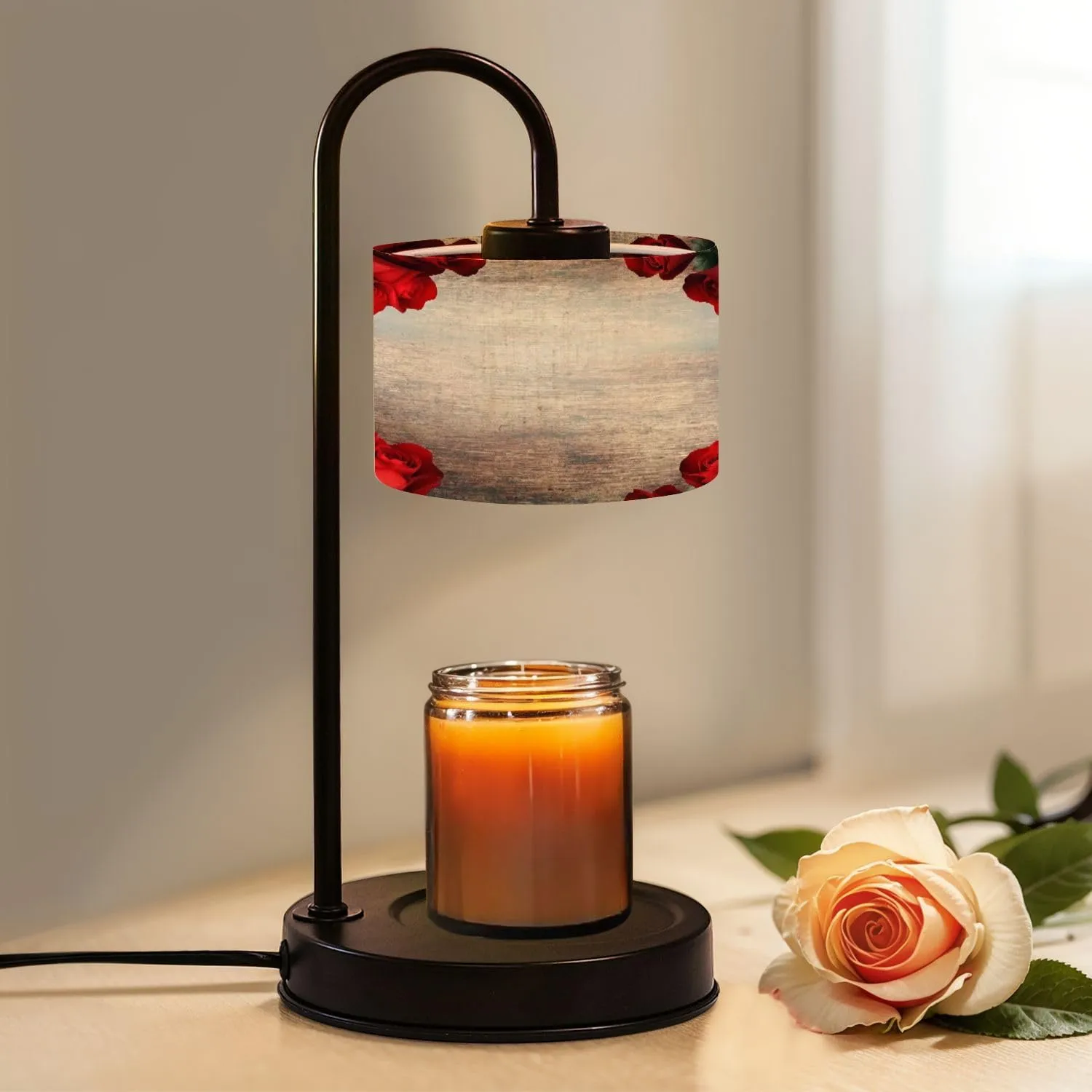 Candle Warmer Lamp with Timer Red Roses Border Flat Lay Rustic Wood Table for Valentine s Day Dimmable Wax Warmer with 4 Bulbs Birthday Gifts for Jar Candles Women House Warming New Home Decor