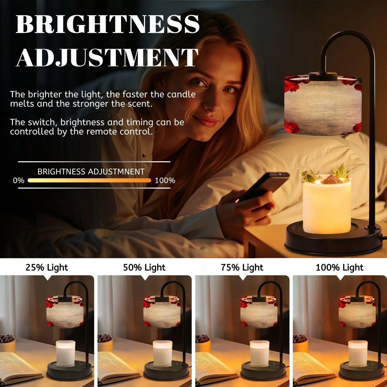Candle Warmer Lamp with Timer Red Roses Border Flat Lay Rustic Wood Table for Valentine s Day Dimmable Wax Warmer with 4 Bulbs Birthday Gifts for Jar Candles Women House Warming New Home Decor