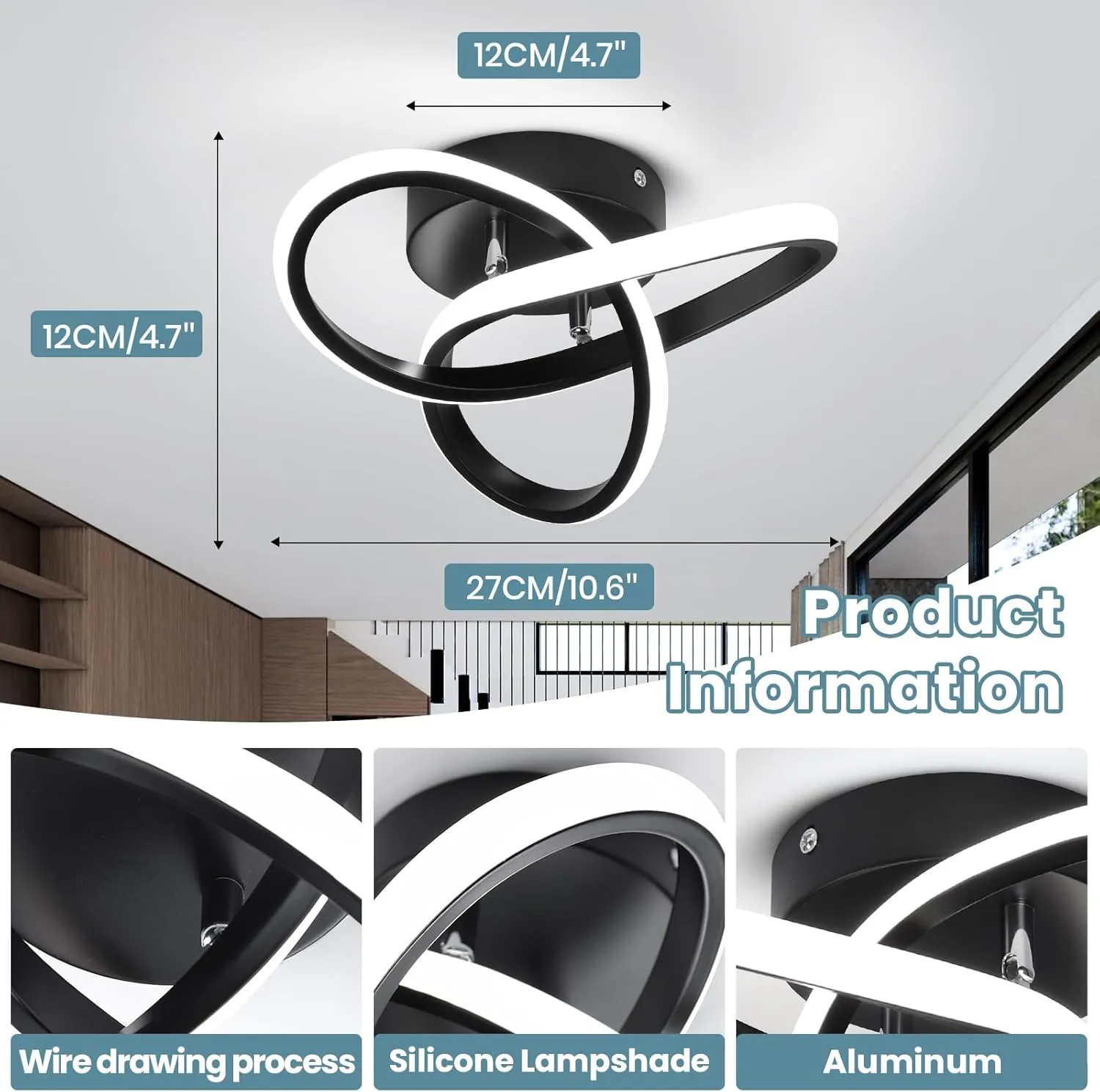 CANEOE Black Modern Ceiling Light Fixtures 6000K Semi Flush Mount Ceiling Lights Hallway Light Fixtures, Acrylic Ceilings Lamp for Hallway Kitchen Bedroom Bathroom