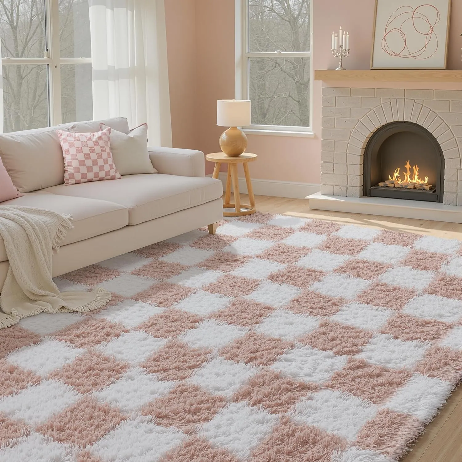 Checkered Rug 8x10 for Living Room, Pink and White Modern Shag Rug Washable Non-Slip Large Area Rug Super Soft Indoor Fuzzy Carpet Fluffy Rugs for Bedroom Home Aesthetic Decor
