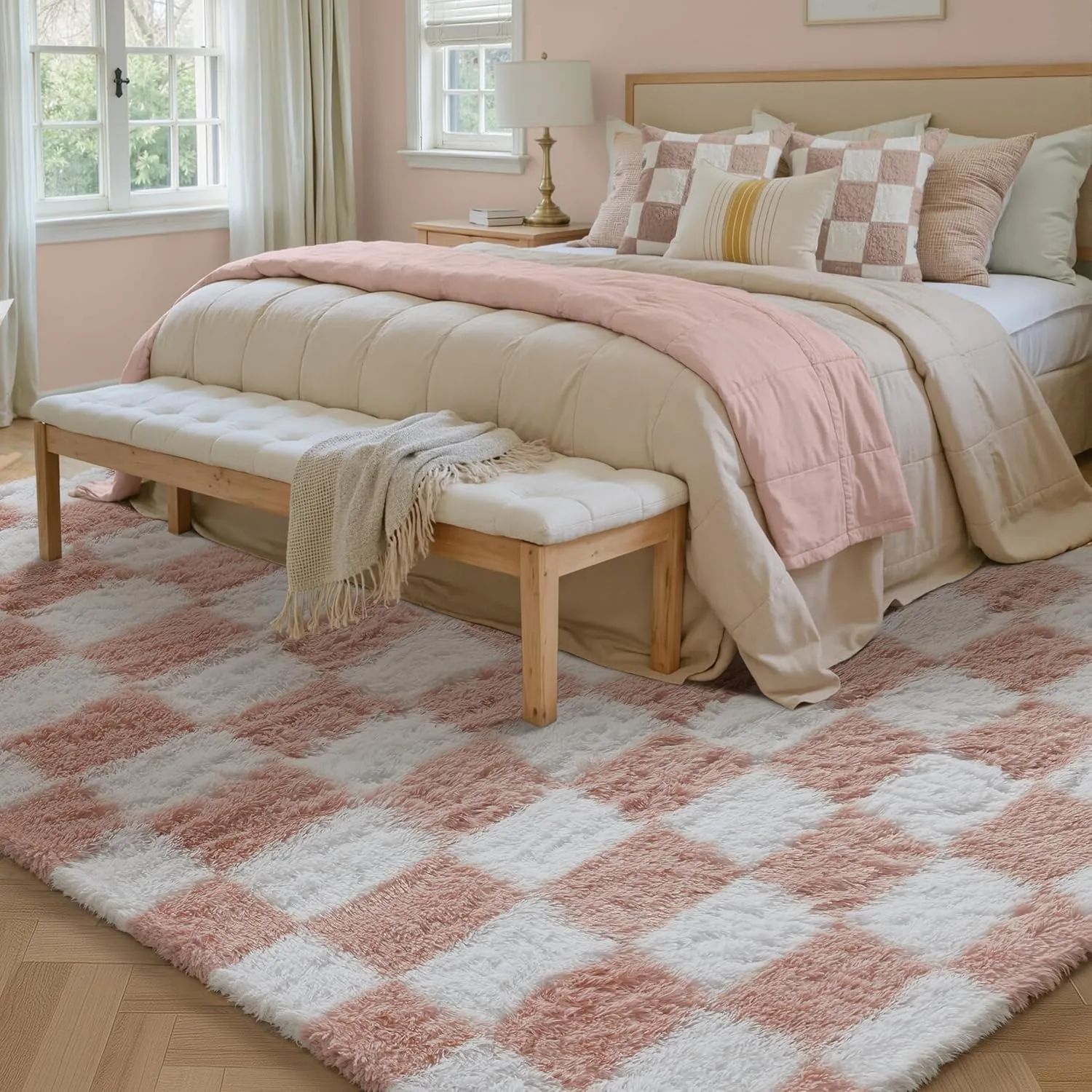 Checkered Rug 8x10 for Living Room, Pink and White Modern Shag Rug Washable Non-Slip Large Area Rug Super Soft Indoor Fuzzy Carpet Fluffy Rugs for Bedroom Home Aesthetic Decor
