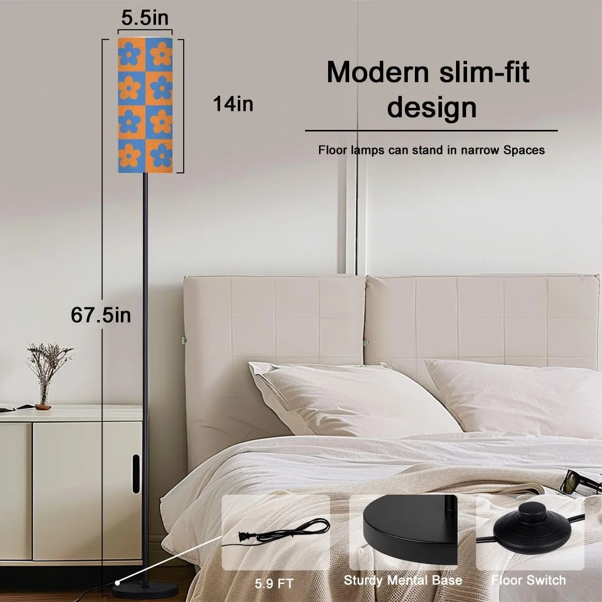 checkers seamless pattern geometric flowers Simple trendy flat retro Modern Floor Lamp Minimalist Standing Lamps for Living Room LED Corner Lamp Remote Control Metal Pole Lamp for Bedroom, Reading