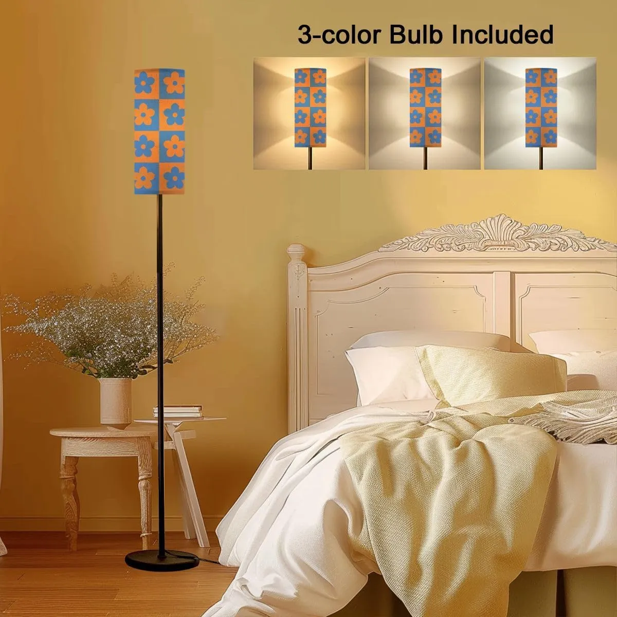 checkers seamless pattern geometric flowers Simple trendy flat retro Modern Floor Lamp Minimalist Standing Lamps for Living Room LED Corner Lamp Remote Control Metal Pole Lamp for Bedroom, Reading