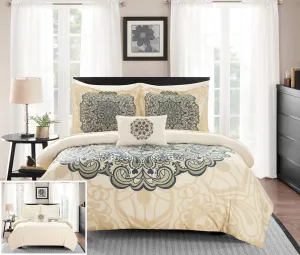 Chic Home Palmer 8 Piece Reversible Comforter Large Scale Boho Inspired Medallion Paisley Print Design Bed in a Bag-Sheet Set Pillowcases Decorative Pillow Shams Included, King, Beige
