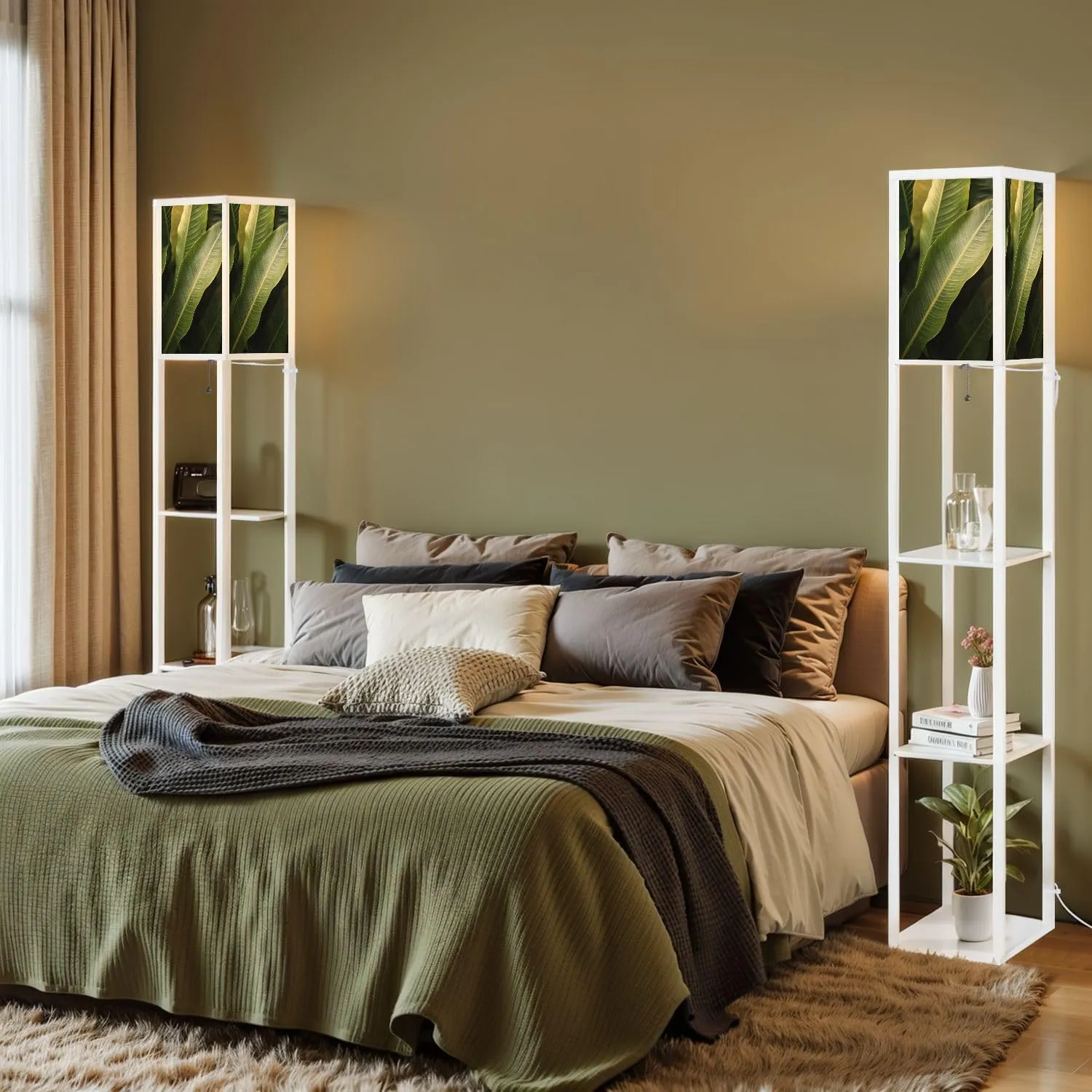 Closeup Nature View Palms Flat Lay Tropical Leaf Used as Floor Lamps with Shelves, Modern Standing Lamp Narrow Corner Display Bookshelf Lamp for Living Room, Bedroom, Office Decor