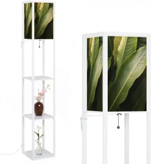 Closeup Nature View Palms Flat Lay Tropical Leaf Used as Floor Lamps with Shelves, Modern Standing Lamp Narrow Corner Display Bookshelf Lamp for Living Room, Bedroom, Office Decor