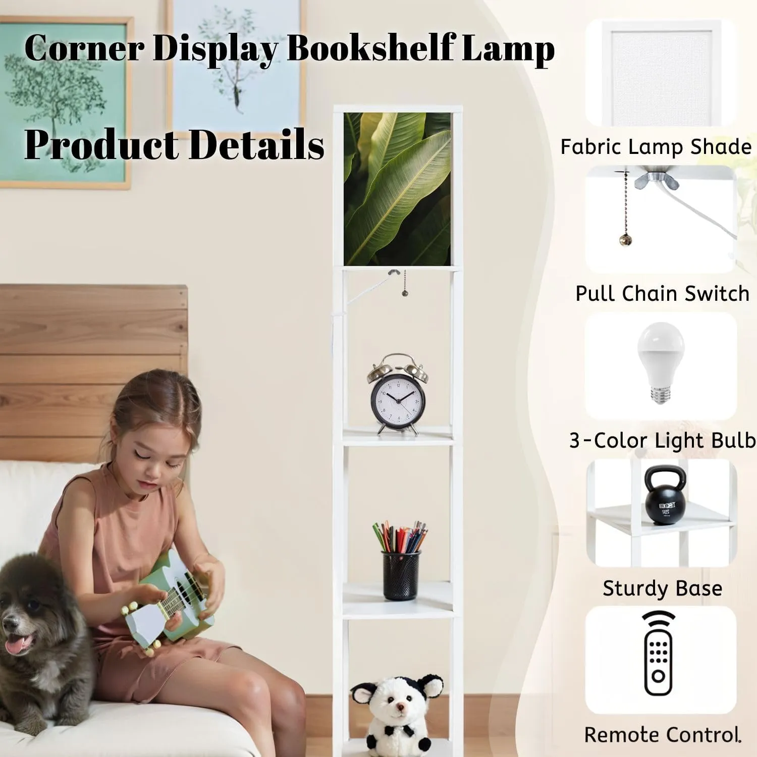 Closeup Nature View Palms Flat Lay Tropical Leaf Used as Floor Lamps with Shelves, Modern Standing Lamp Narrow Corner Display Bookshelf Lamp for Living Room, Bedroom, Office Decor