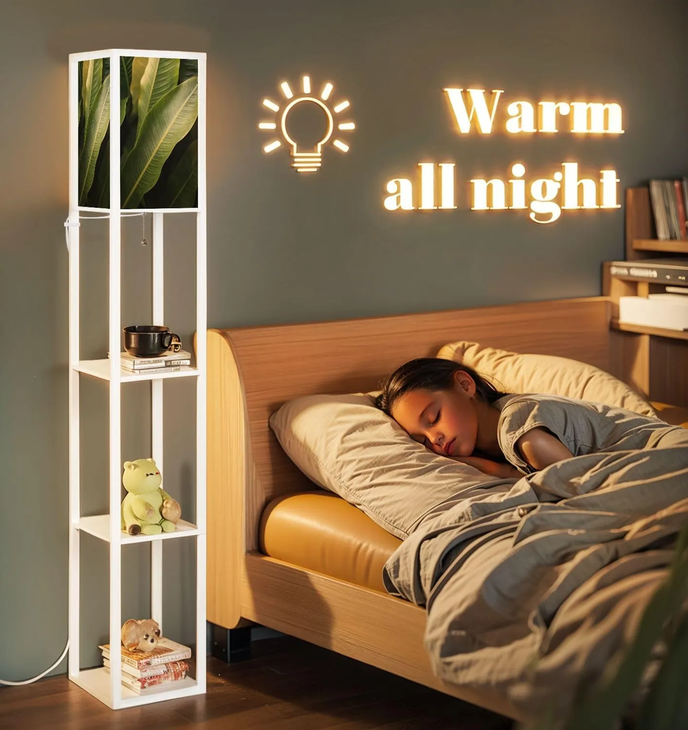 Closeup Nature View Palms Flat Lay Tropical Leaf Used as Floor Lamps with Shelves, Modern Standing Lamp Narrow Corner Display Bookshelf Lamp for Living Room, Bedroom, Office Decor