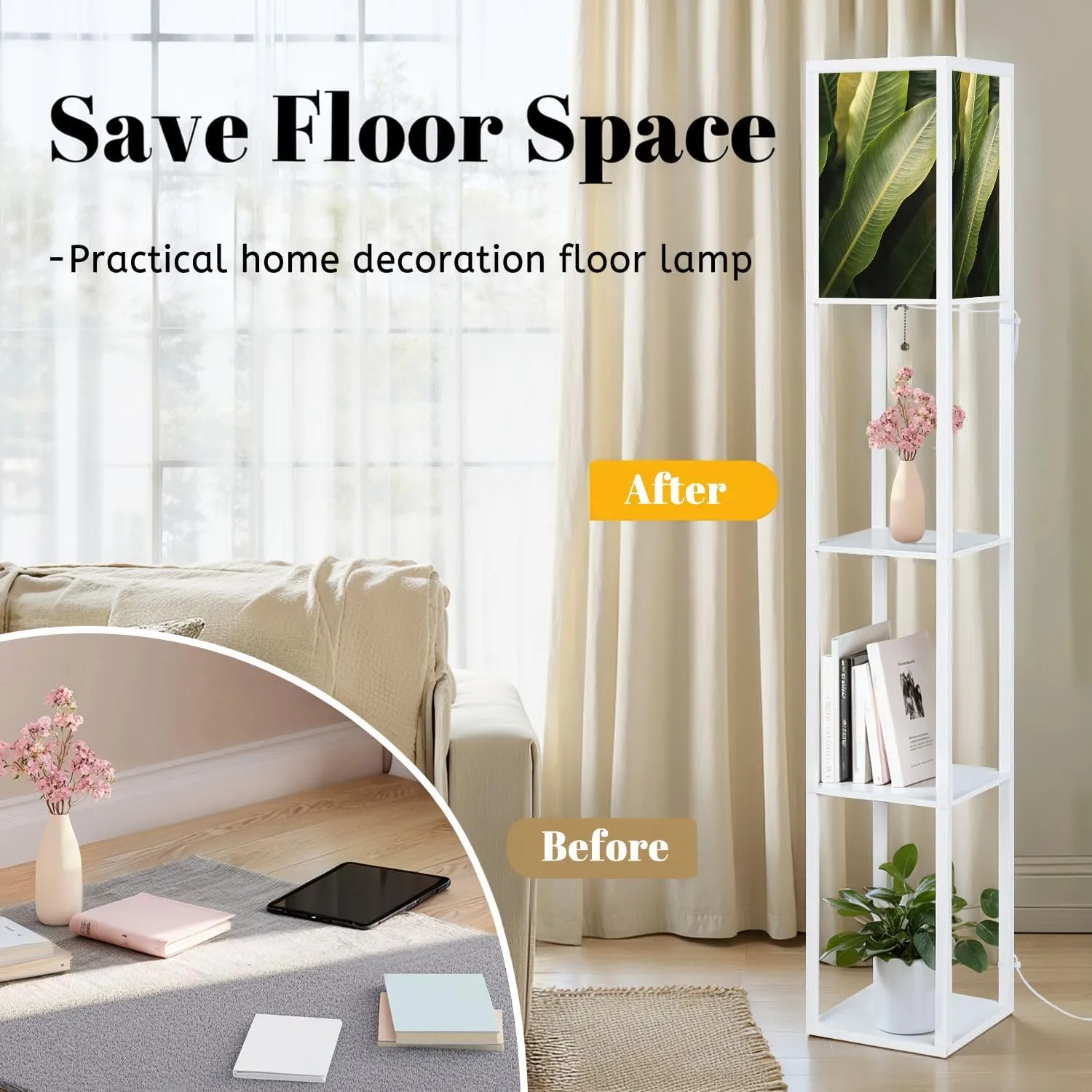 Closeup Nature View Palms Flat Lay Tropical Leaf Used as Floor Lamps with Shelves, Modern Standing Lamp Narrow Corner Display Bookshelf Lamp for Living Room, Bedroom, Office Decor