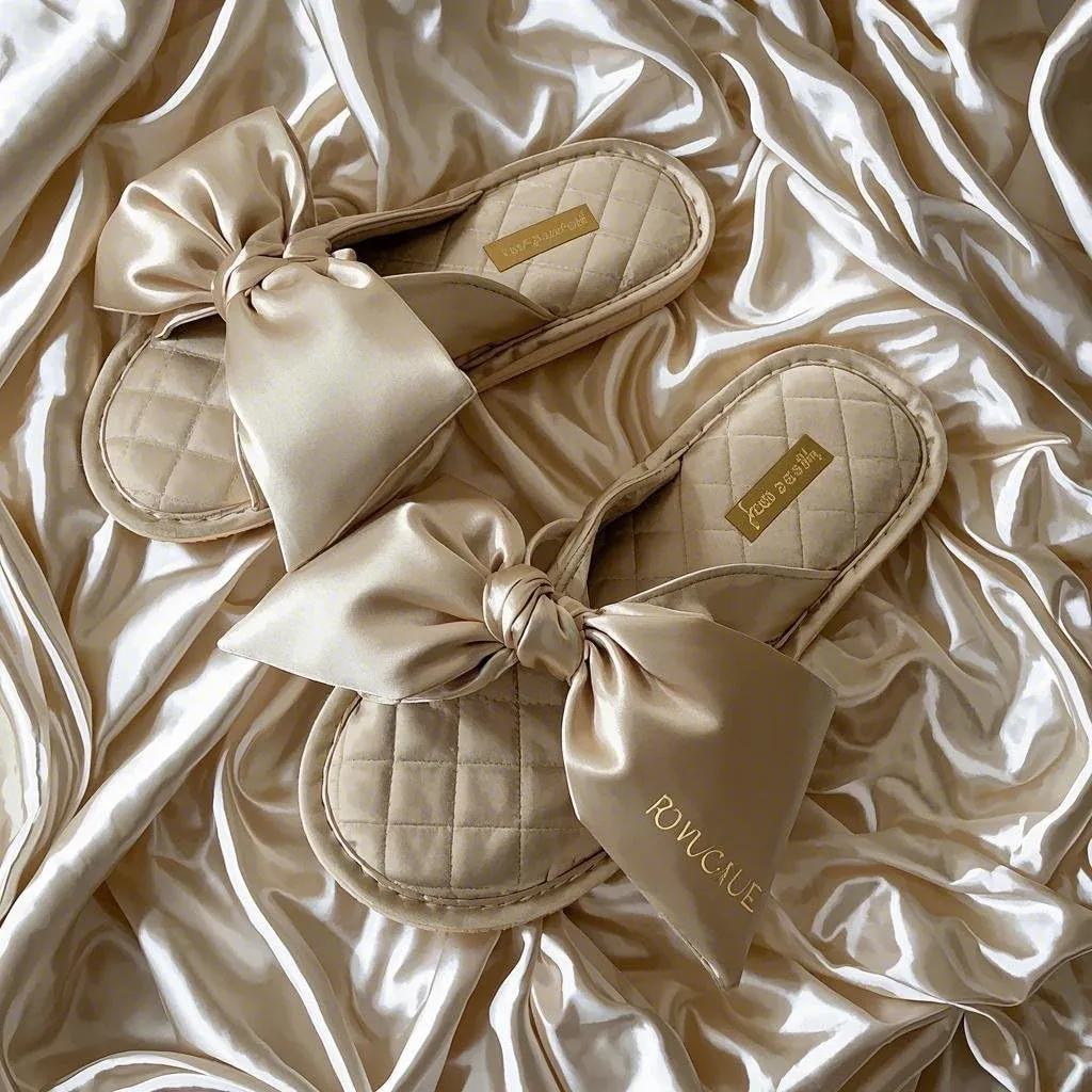 Cute Bow Slippers for Women - Luxury Quilted House Shoes with Monogram Embroidery, Non-Slip Indoor Sandals for Spring/Summer/Fall