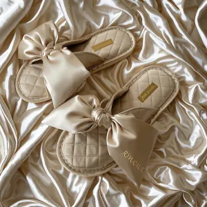 Cute Bow Slippers for Women - Luxury Quilted House Shoes with Monogram Embroidery, Non-Slip Indoor Sandals for Spring/Summer/Fall