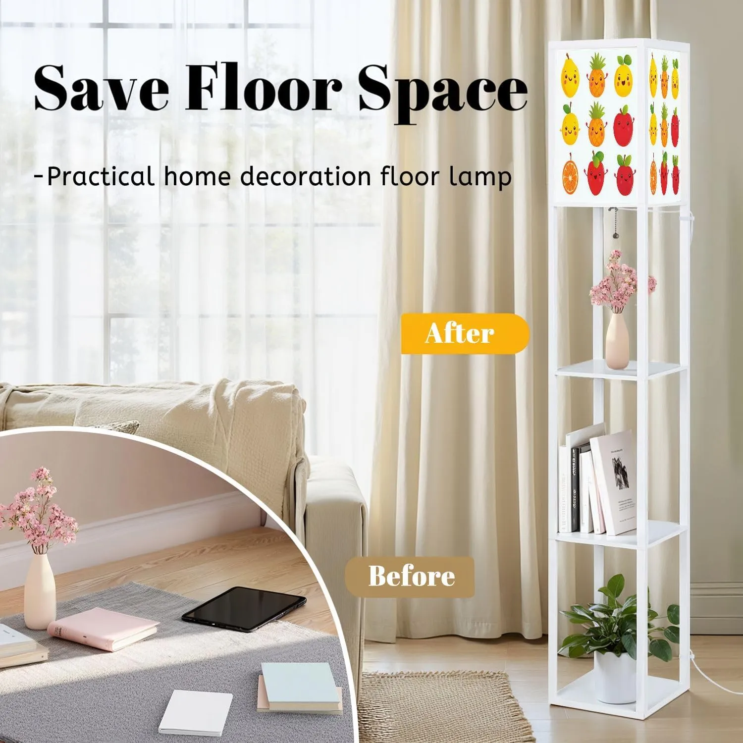 Cute Happy Smiling Funny Fruit Collection Set Flat Style Floor Lamps with Shelves, Modern Standing Lamp Narrow Corner Display Bookshelf Lamp for Living Room, Bedroom, Office Decor