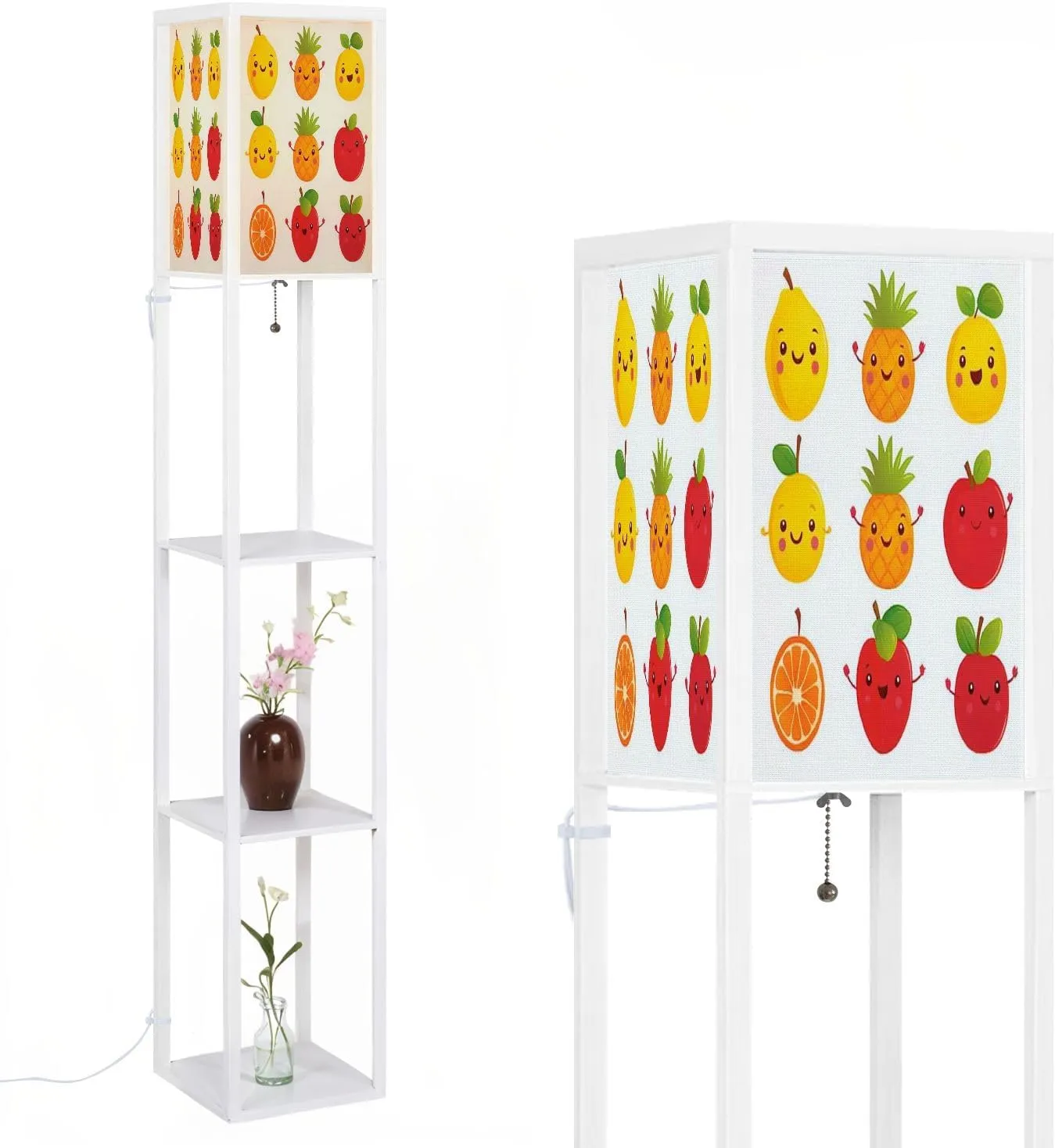 Cute Happy Smiling Funny Fruit Collection Set Flat Style Floor Lamps with Shelves, Modern Standing Lamp Narrow Corner Display Bookshelf Lamp for Living Room, Bedroom, Office Decor