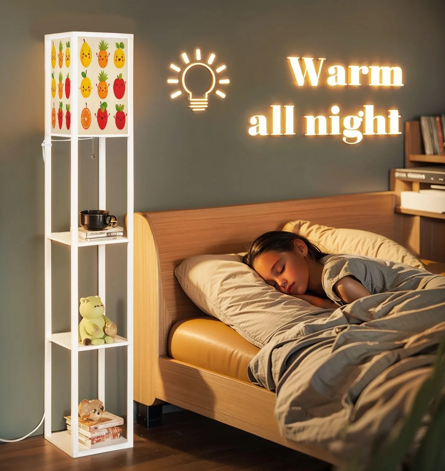 Cute Happy Smiling Funny Fruit Collection Set Flat Style Floor Lamps with Shelves, Modern Standing Lamp Narrow Corner Display Bookshelf Lamp for Living Room, Bedroom, Office Decor