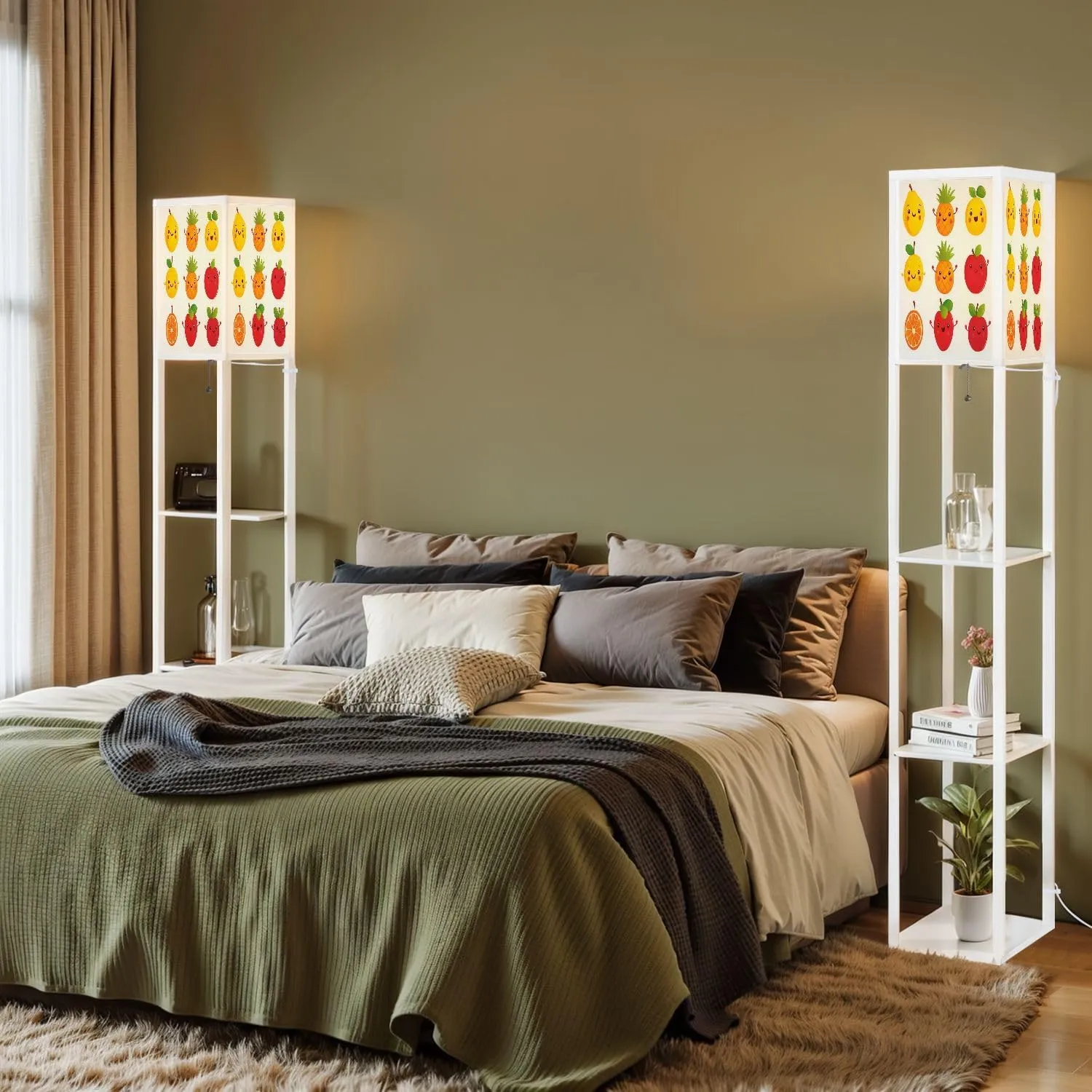 Cute Happy Smiling Funny Fruit Collection Set Flat Style Floor Lamps with Shelves, Modern Standing Lamp Narrow Corner Display Bookshelf Lamp for Living Room, Bedroom, Office Decor