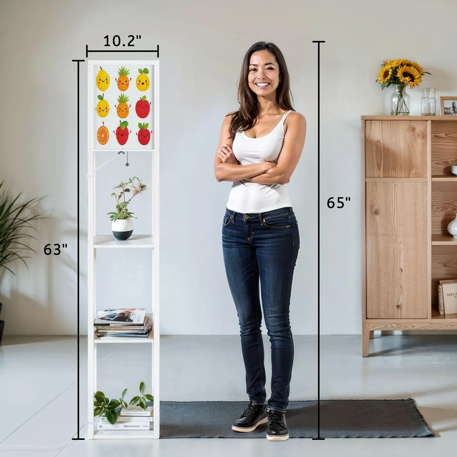 Cute Happy Smiling Funny Fruit Collection Set Flat Style Floor Lamps with Shelves, Modern Standing Lamp Narrow Corner Display Bookshelf Lamp for Living Room, Bedroom, Office Decor