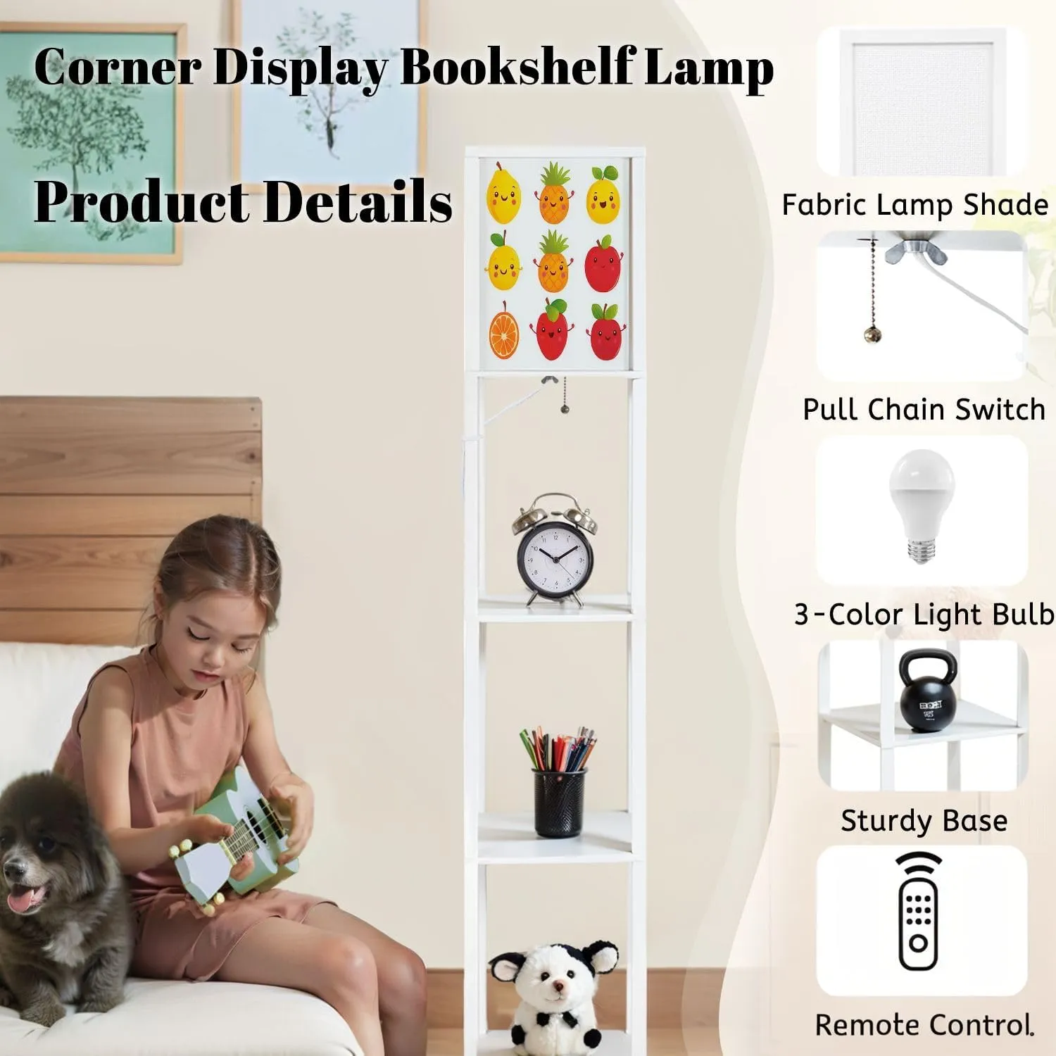 Cute Happy Smiling Funny Fruit Collection Set Flat Style Floor Lamps with Shelves, Modern Standing Lamp Narrow Corner Display Bookshelf Lamp for Living Room, Bedroom, Office Decor