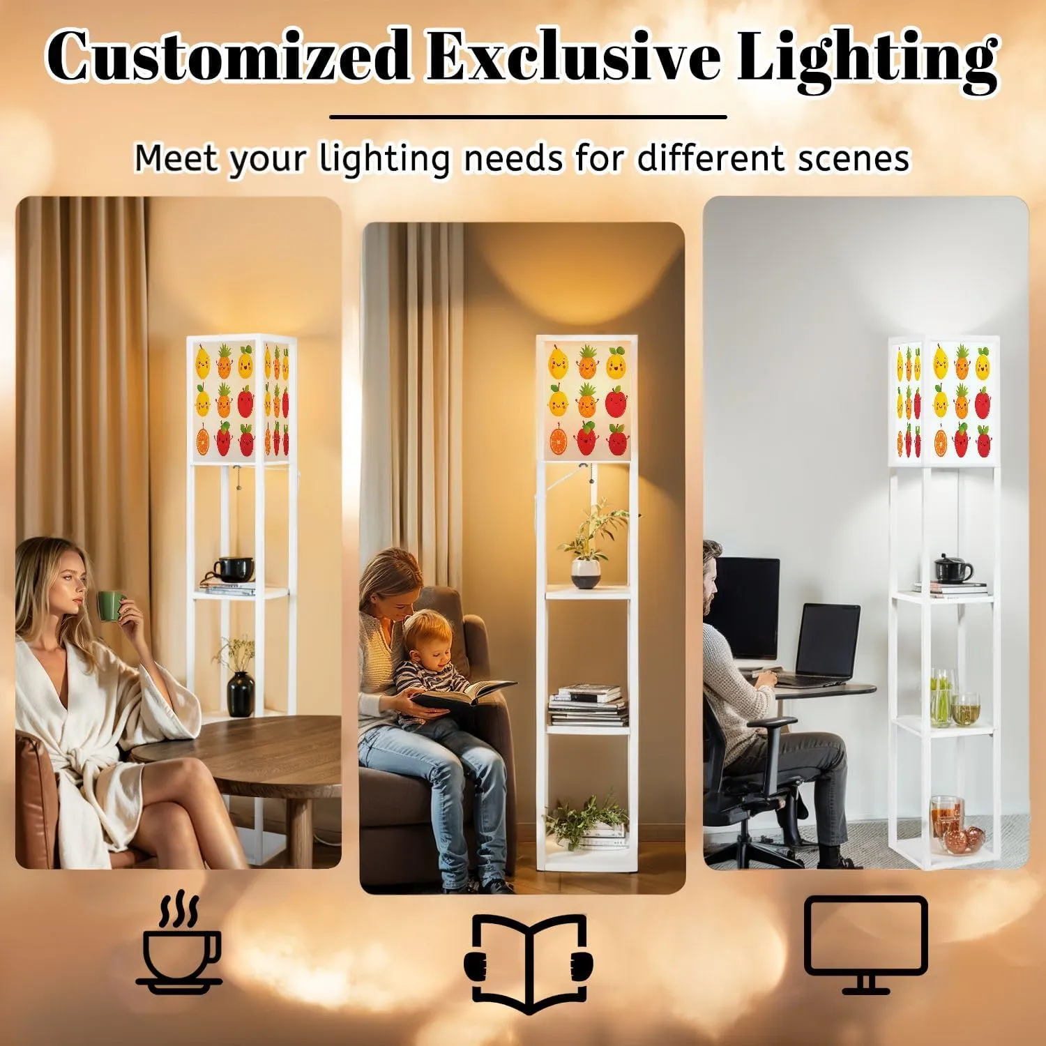 Cute Happy Smiling Funny Fruit Collection Set Flat Style Floor Lamps with Shelves, Modern Standing Lamp Narrow Corner Display Bookshelf Lamp for Living Room, Bedroom, Office Decor