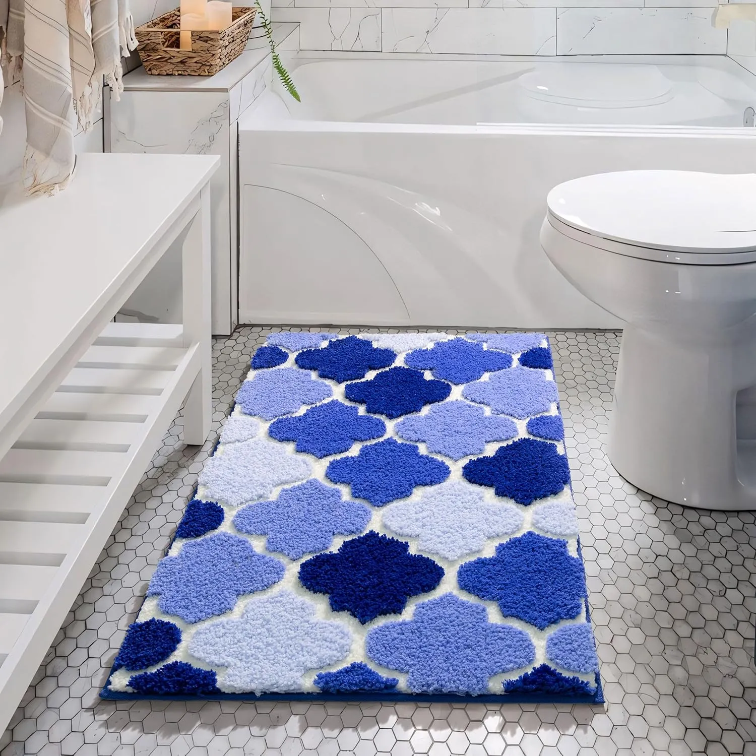 DEXDE Bathroom Rugs Non-Slip, Extra Absorbent Shaggy Bath Mat, Machine Washable Soft Plush Throw Bath Rug for Bathroom Floor Tub and Shower, 20" x 32" Blue