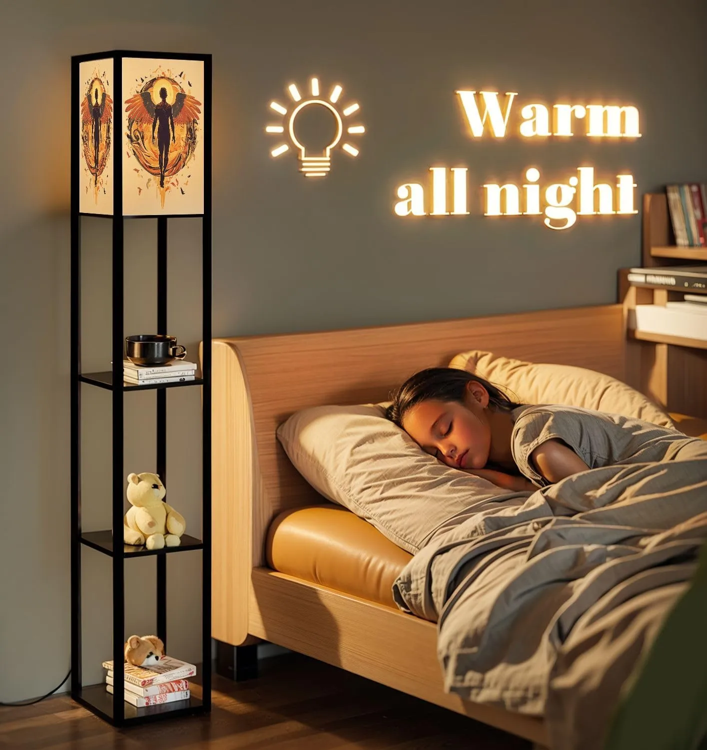 Ethereal Angel Design Flat Wings Cartoon Birds Floor Lamps with Shelves, Modern Standing Lamp Narrow Corner Display Bookshelf Lamp for Living Room, Bedroom, Office Decor