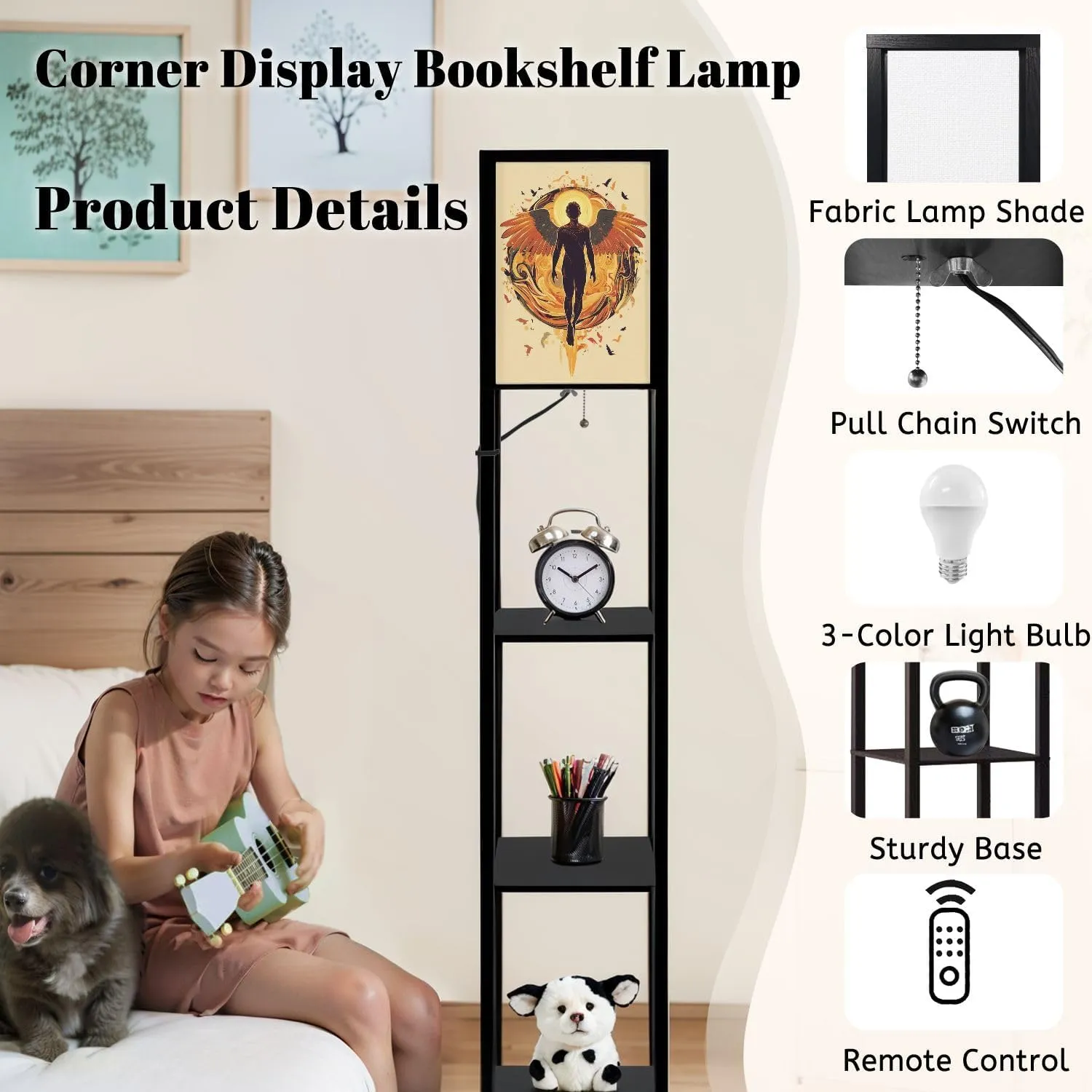 Ethereal Angel Design Flat Wings Cartoon Birds Floor Lamps with Shelves, Modern Standing Lamp Narrow Corner Display Bookshelf Lamp for Living Room, Bedroom, Office Decor