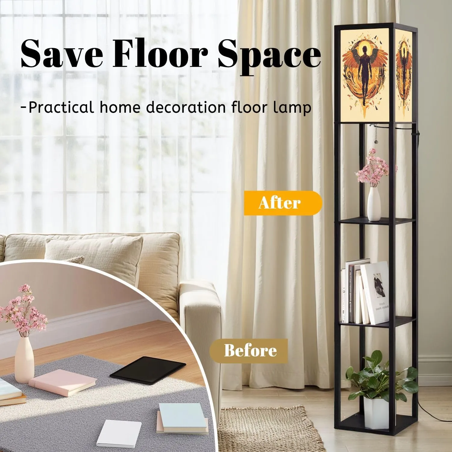 Ethereal Angel Design Flat Wings Cartoon Birds Floor Lamps with Shelves, Modern Standing Lamp Narrow Corner Display Bookshelf Lamp for Living Room, Bedroom, Office Decor
