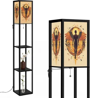 Ethereal Angel Design Flat Wings Cartoon Birds Floor Lamps with Shelves, Modern Standing Lamp Narrow Corner Display Bookshelf Lamp for Living Room, Bedroom, Office Decor