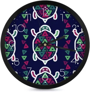 Ethnic Boho Turtle Fashion Round Wall Clock Modern Battery Operated Clocks Silent Non-Ticking Home Decor 10x10in