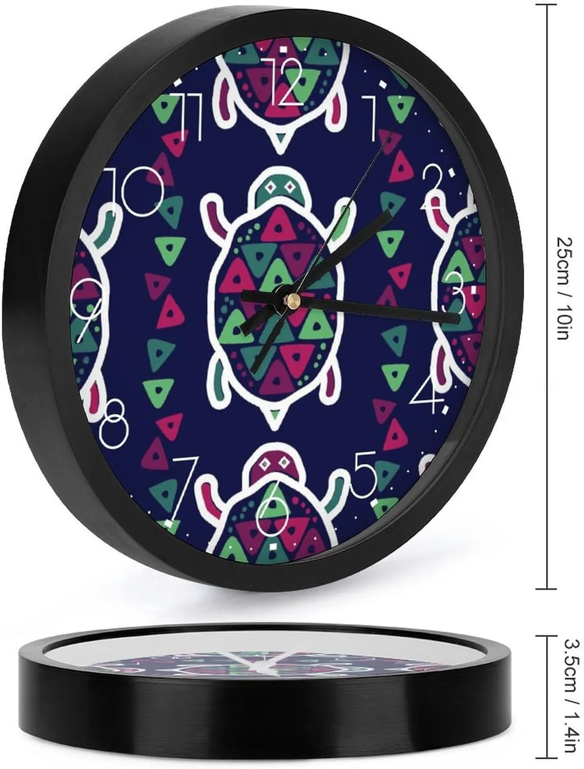 Ethnic Boho Turtle Fashion Round Wall Clock Modern Battery Operated Clocks Silent Non-Ticking Home Decor 10x10in