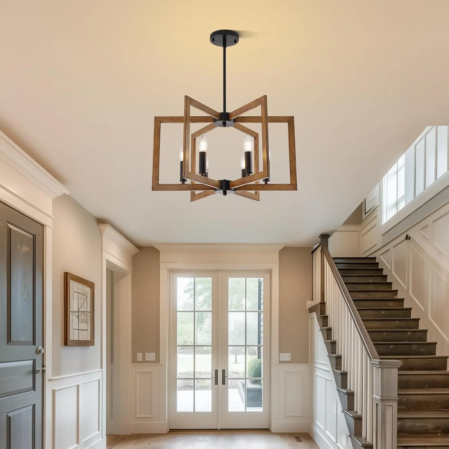 Farmhouse Chandelier, 6-Light Modern Geometric Dining Room Chandelier, Rustic Foyer Lighting Fixtures, Wood Grain Pendant Lights for Living Room, Dining Room, Bedroom, Kitchen Island, Entryway