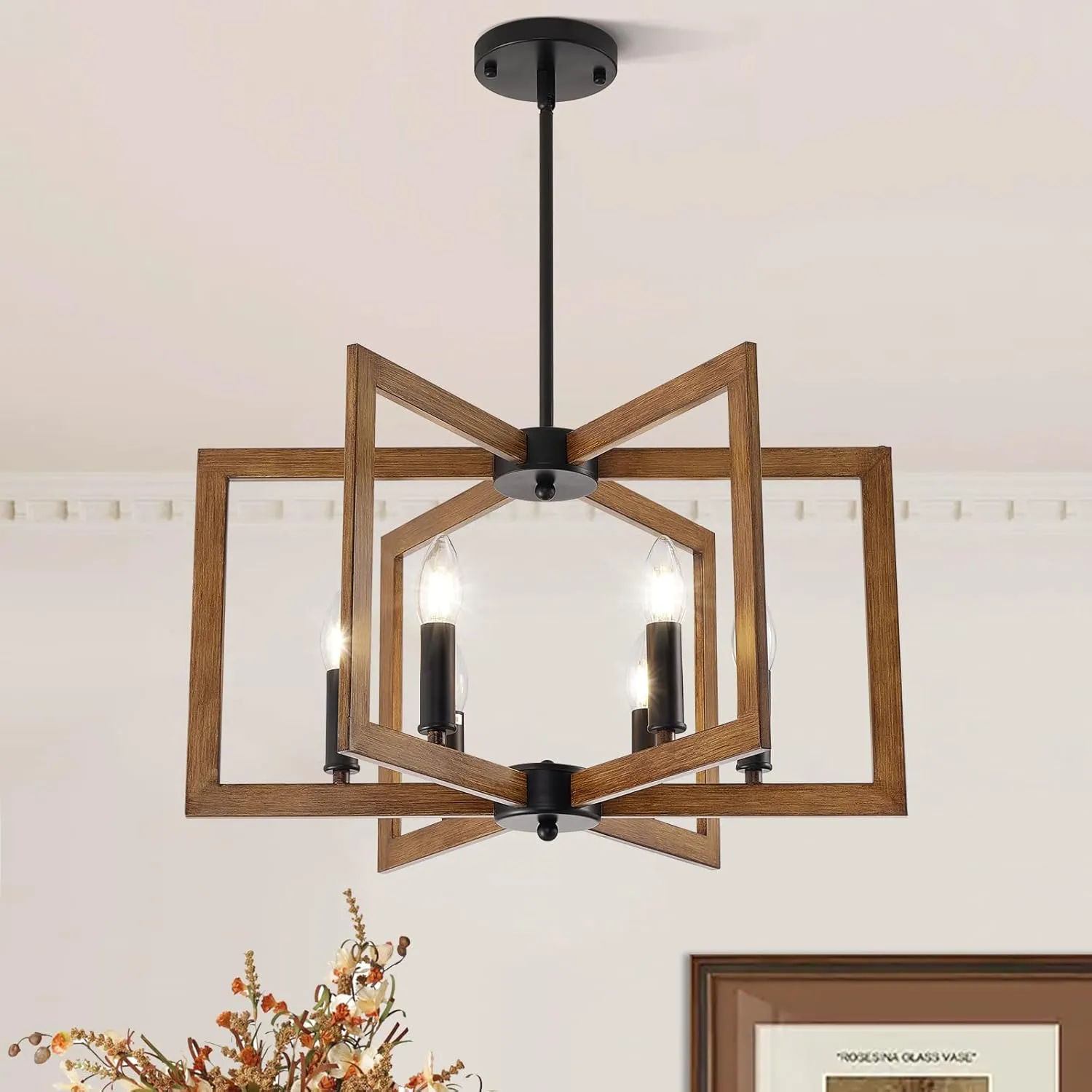 Farmhouse Chandelier, 6-Light Modern Geometric Dining Room Chandelier, Rustic Foyer Lighting Fixtures, Wood Grain Pendant Lights for Living Room, Dining Room, Bedroom, Kitchen Island, Entryway