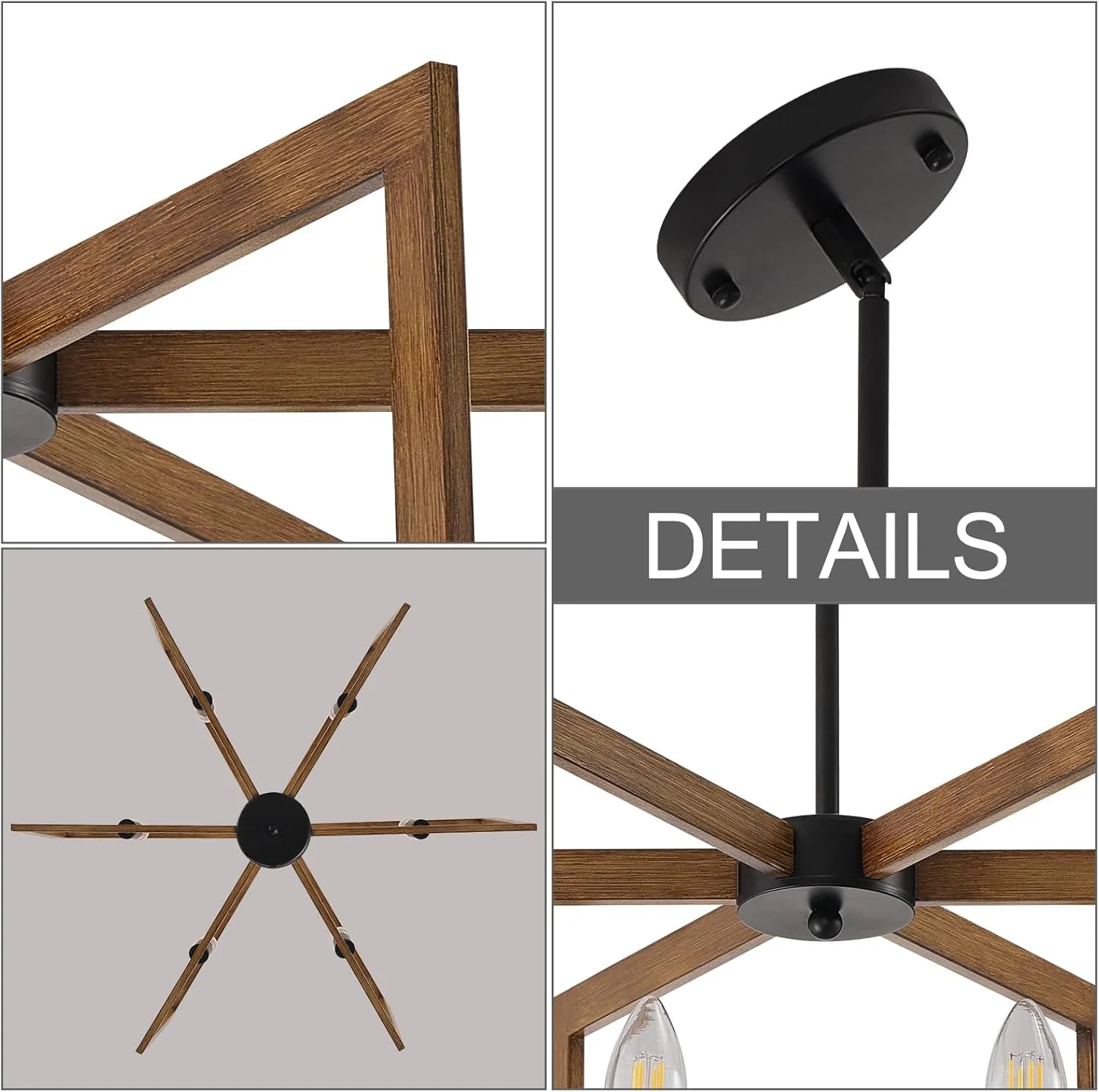 Farmhouse Chandelier, 6-Light Modern Geometric Dining Room Chandelier, Rustic Foyer Lighting Fixtures, Wood Grain Pendant Lights for Living Room, Dining Room, Bedroom, Kitchen Island, Entryway