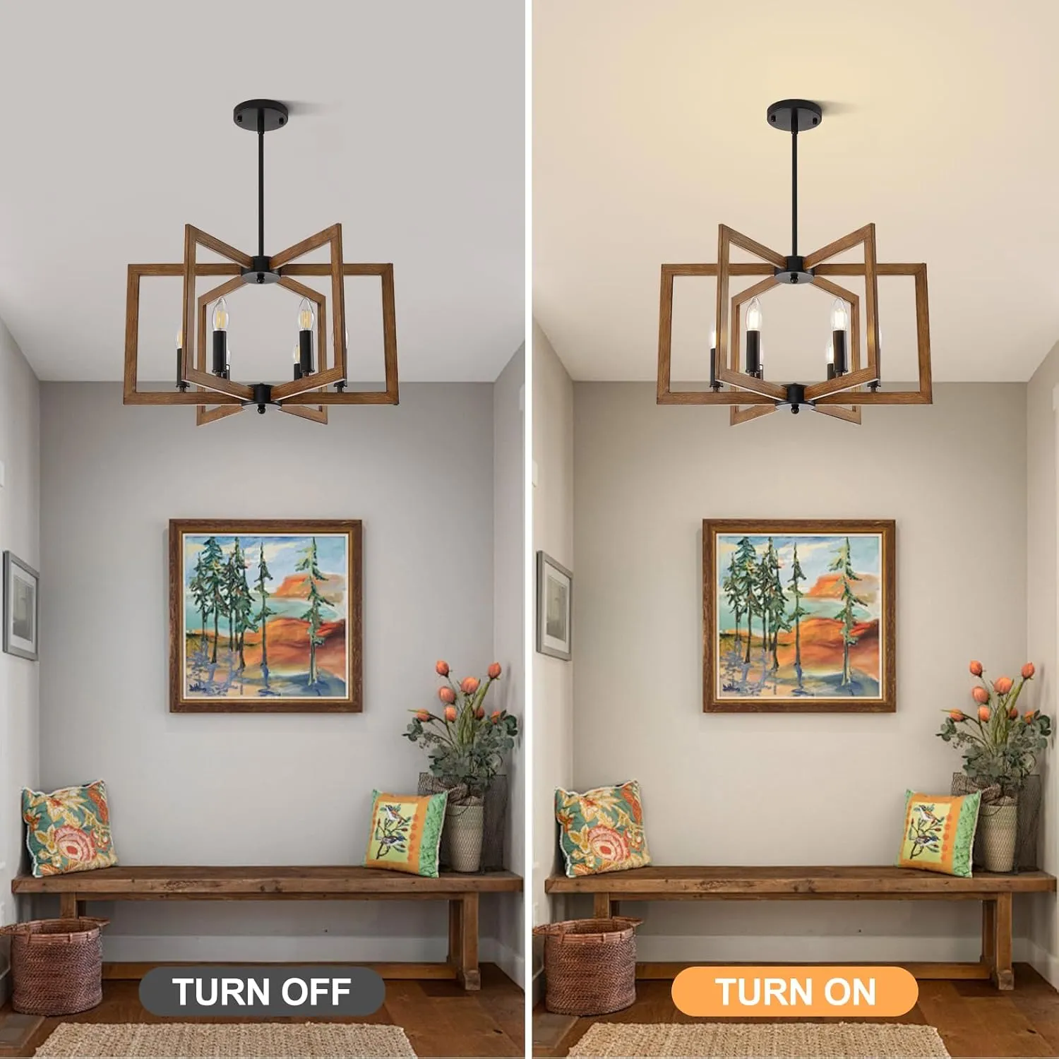 Farmhouse Chandelier, 6-Light Modern Geometric Dining Room Chandelier, Rustic Foyer Lighting Fixtures, Wood Grain Pendant Lights for Living Room, Dining Room, Bedroom, Kitchen Island, Entryway