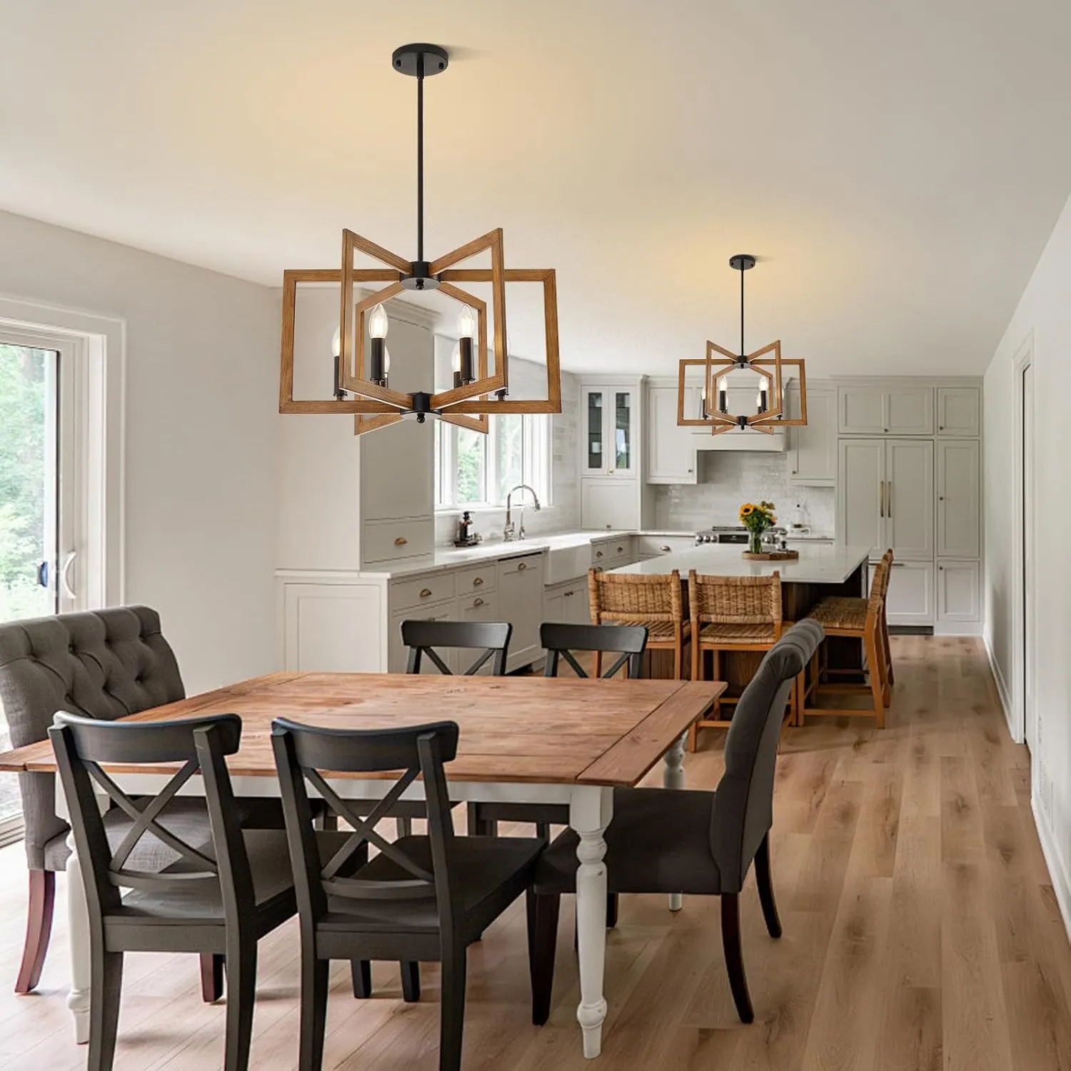 Farmhouse Chandelier, 6-Light Modern Geometric Dining Room Chandelier, Rustic Foyer Lighting Fixtures, Wood Grain Pendant Lights for Living Room, Dining Room, Bedroom, Kitchen Island, Entryway