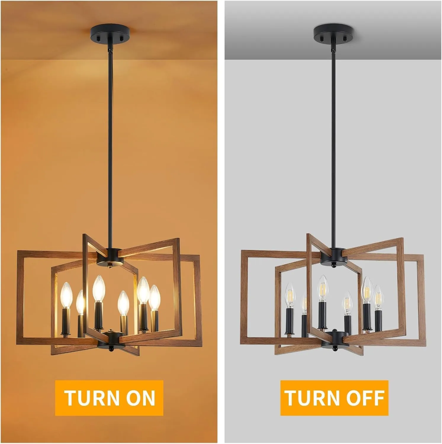 Farmhouse Chandelier, 6-Light Modern Geometric Dining Room Chandelier, Rustic Foyer Lighting Fixtures, Wood Grain Pendant Lights for Living Room, Dining Room, Bedroom, Kitchen Island, Entryway